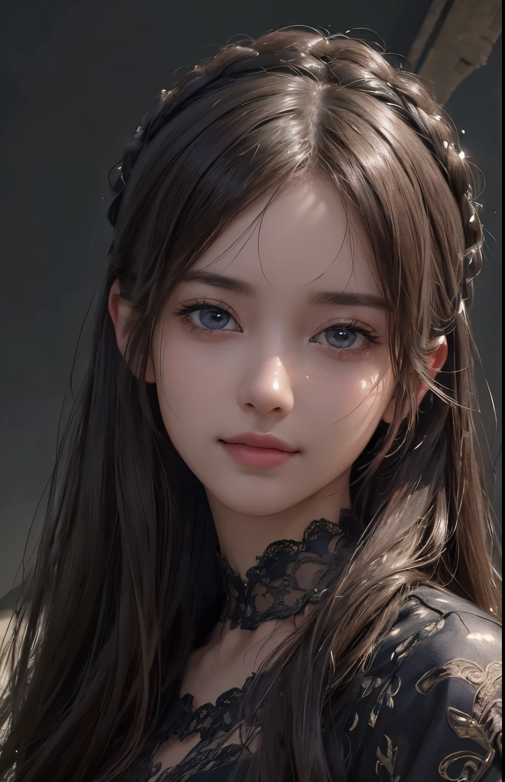 (ultra realistic) , (illustration), (increase resolution), (8K), (extremely detailed), (best illustration), (beautiful detailed eyes), (best quality), (ultra-detailed), (masterpiece),  (wallpaper), (detailed face), solo,1 girl, looking at viewers,  delicate details, detailed faces, in the dark, deep shadow, low key,pureerosfaceace_v1, smile,