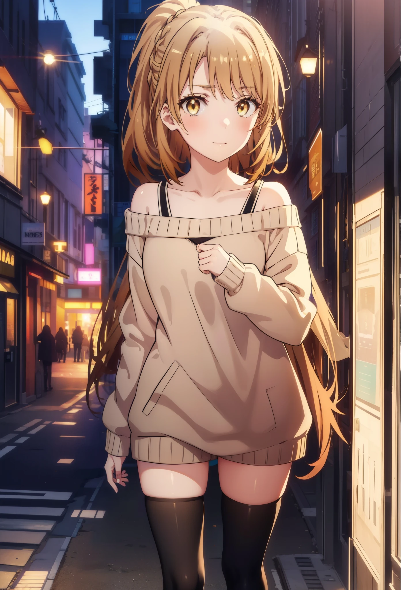 irohaisshiki, iroha isshiki, long hair, brown hair, (brown eyes:1.5), smile,blush,short braided hair,ponytail,off shoulder sweater,bare shoulders,naked neck,bare clavicle, oversized sweater, oversized sweater, shorts,black pantyhose,short boots,morning日,morning,the sun is rising,walking,,
break outdoors, building street,In town,
break looking at viewer,
break (masterpiece:1.2), highest quality, High resolution, unity 8k wallpaper, (figure:0.8), (detailed and beautiful eyes:1.6), highly detailed face, perfect lighting, Very detailed CG, (perfect hands, perfect anatomy),