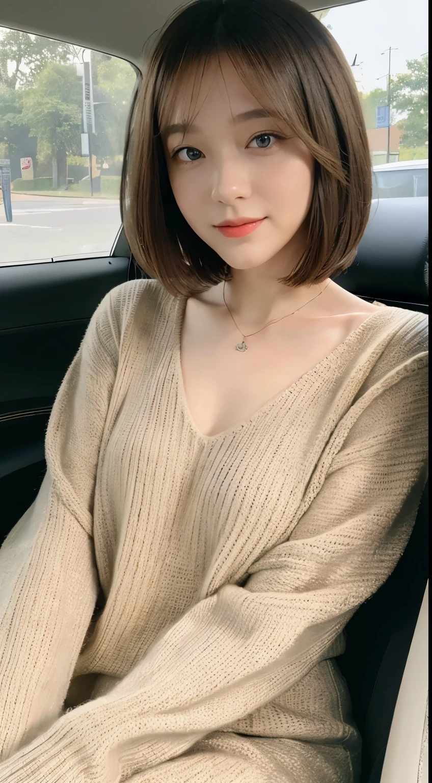 ((highest quality, 8K, masterpiece: 1.3)), concentrated: 1.2, perfect body beauty: 1.4, buttocks: 1.2, ((delicate hair)), bob cut hair, (sweater dress: 1.1), (sports car, street: 1.2), Highly detailed face and skin texture, fine eyes, double eyelid, whitened skin, smile, Wearing necklace, ring, Person sitting in a car.