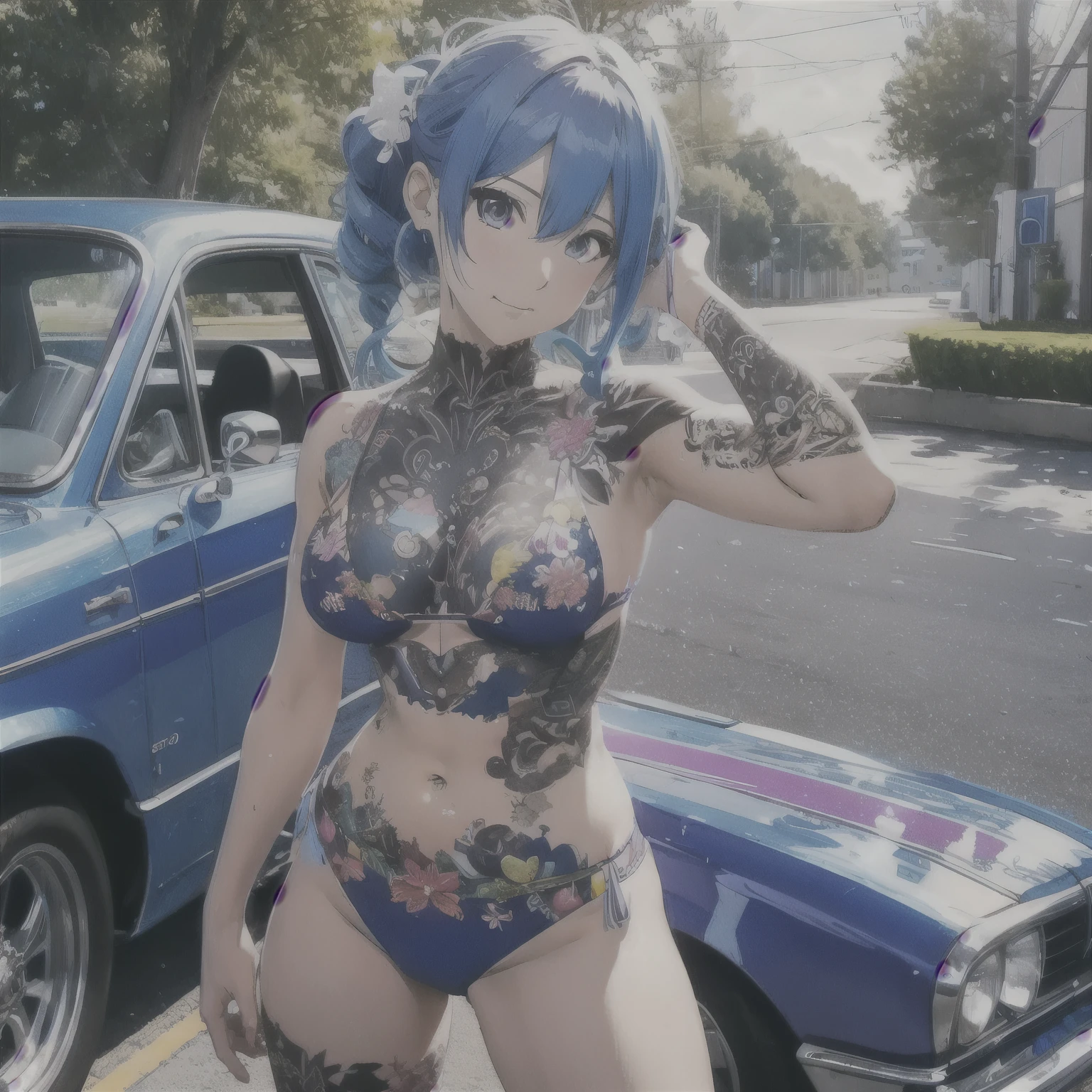 2 anime girls, topless, wearing blue panties, tattoos their chest, tattoos on their arms, standing next to a purple lowrider car, by the lake, 8k, full frame