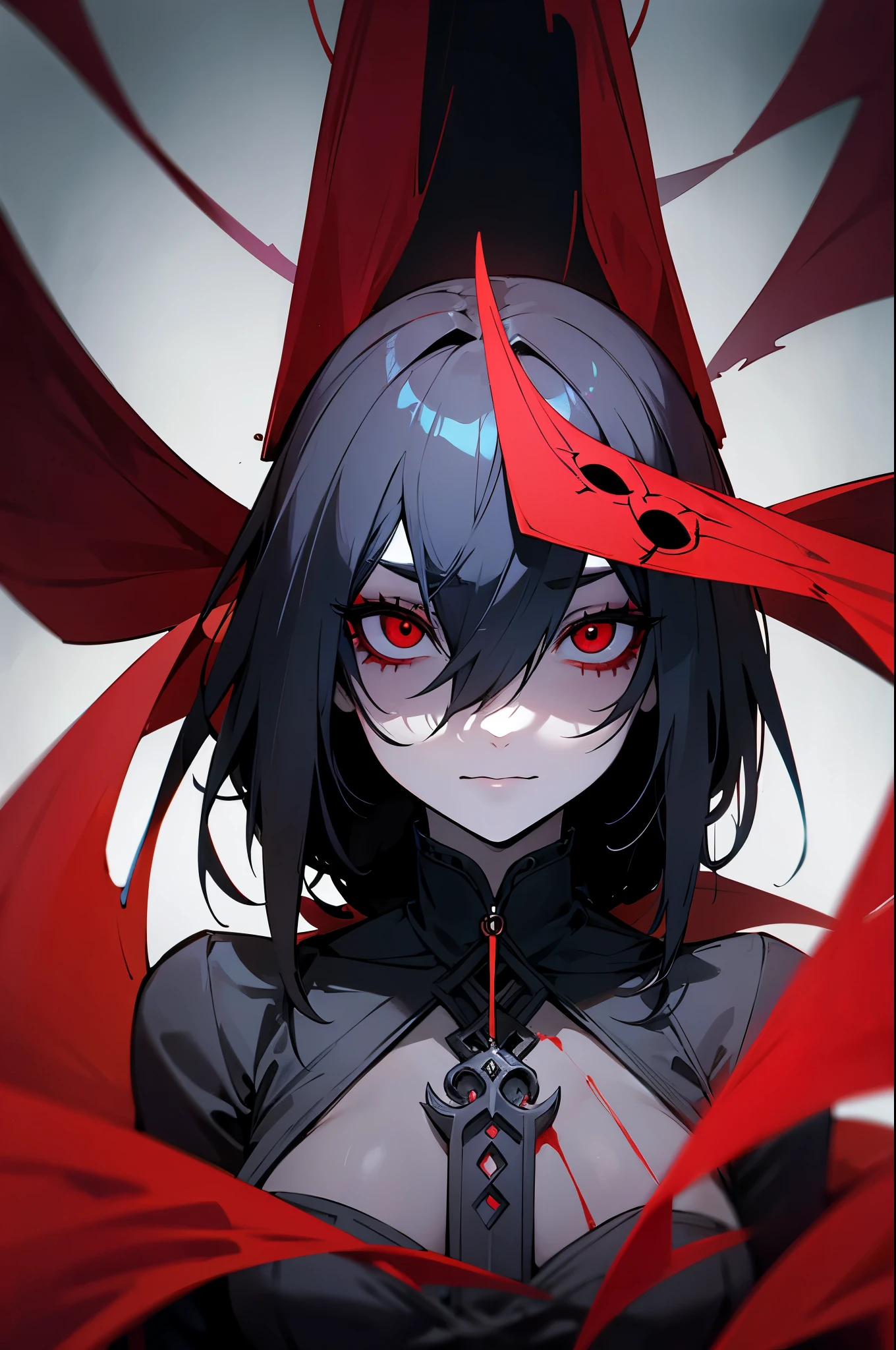 "Describe the facade of a woman who presents herself as malevolent but harbors hidden vulnerabilities. What lies beneath the mask of evil, and is redemption possible? big red eyes
