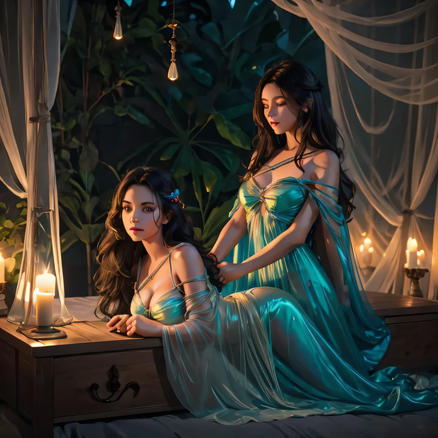 two girl playing bondage games,,(bright lighting,romantic setting),dreamy background,,dark hair, mesmerizing gaze, , soft skin, alluring beauty, artistic portrait, high-quality image, vibrant colors,translucent long silk gown, mosquito net, lying down, romantic bedroom,bondage playv1.0
