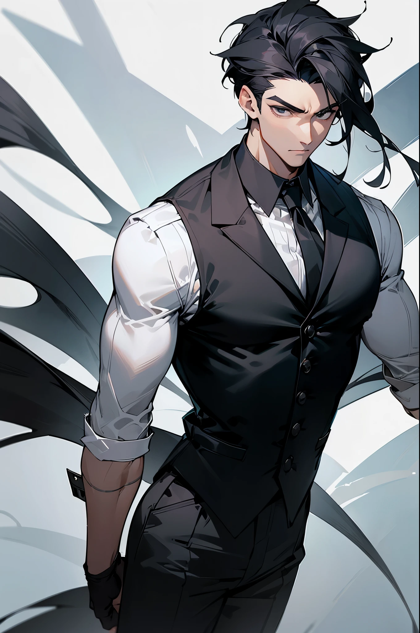 A man in his 20s, with a well-built body, wearing a white shirt combined with a double-breasted black leather vest and a long black coat. He has a handsome face, sharp black eyes, neatly combed back black hair, well-proportioned face, cold expression, 190cm tall, wearing black gloves. Perfect ???????, perfect face, perfect hands, very detailed eye drawing with background painting in WLOP drawing style, WLOP drawing, WLOP painting.
