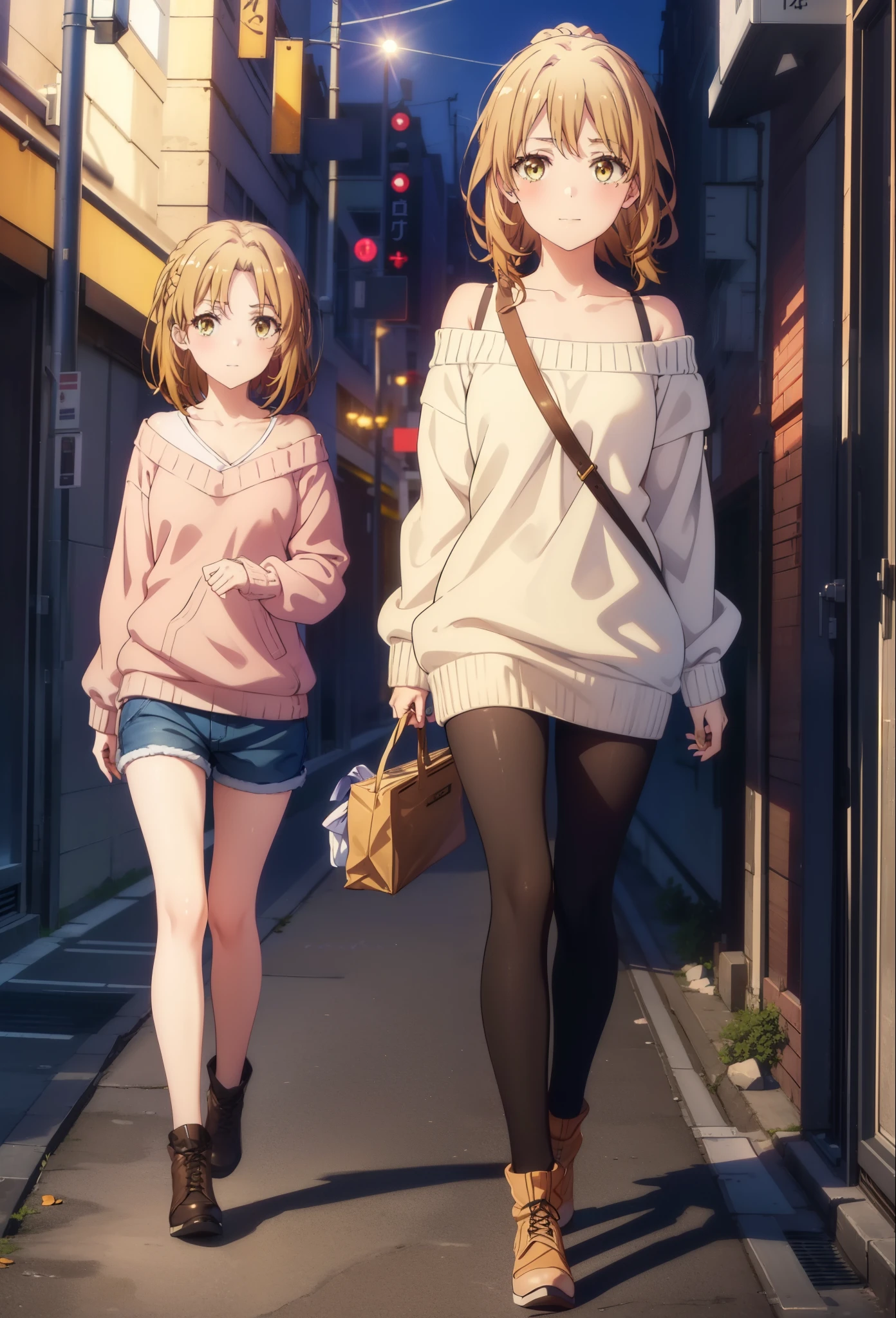 irohaisshiki, iroha isshiki, long hair, brown hair, (brown eyes:1.5), smile,blush,short braided hair,ponytail,off shoulder sweater,bare shoulders,naked neck,bare clavicle, oversized sweater, oversized sweater, shorts,black pantyhose,short boots,morning日,morning,the sun is rising,walking,,
break outdoors, building street,In town,
break looking at viewer,
break (masterpiece:1.2), highest quality, High resolution, unity 8k wallpaper, (figure:0.8), (detailed and beautiful eyes:1.6), highly detailed face, perfect lighting, Very detailed CG, (perfect hands, perfect anatomy),