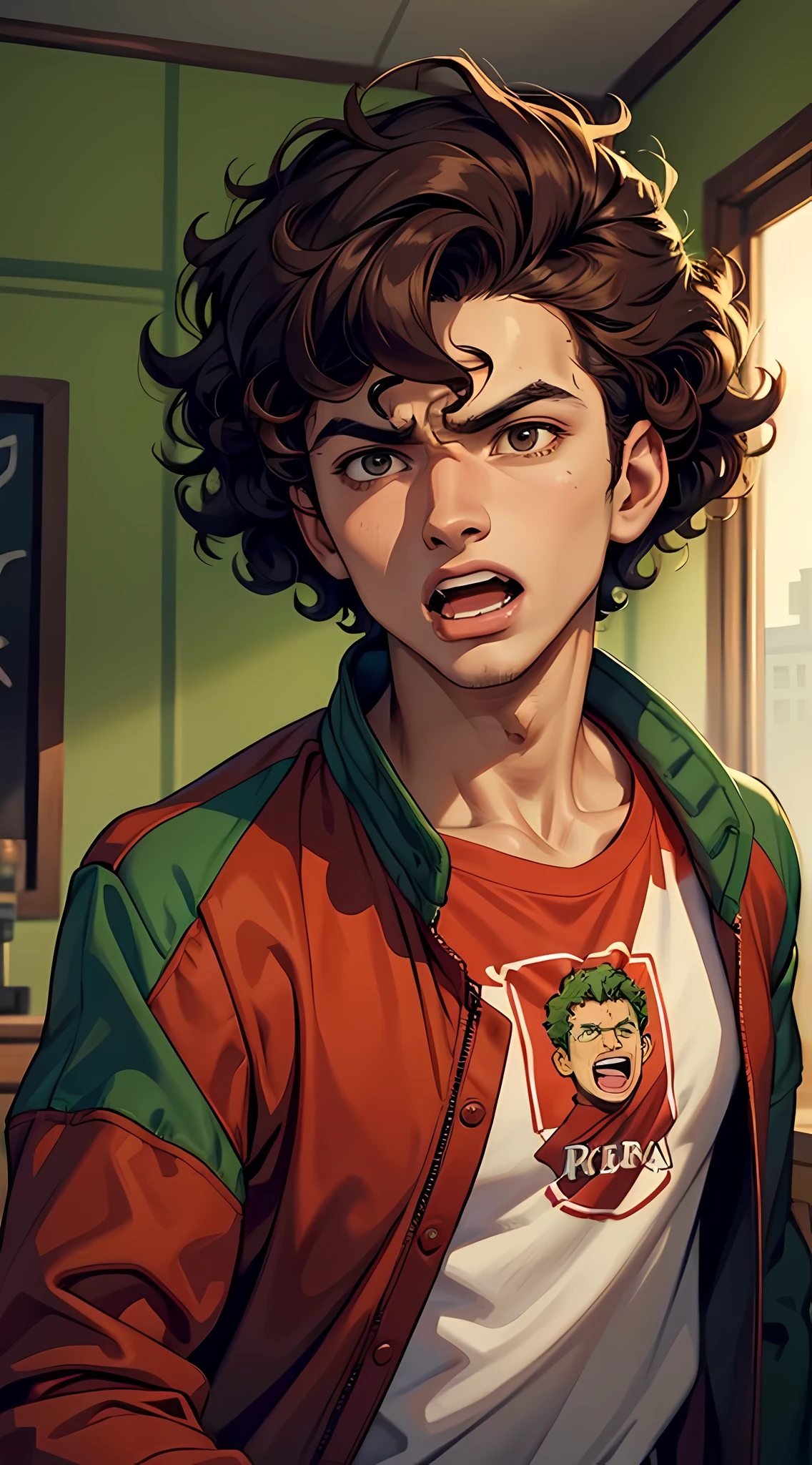 The image is a portrait of a young man with curly hair. He's looking for the camera, vestindo uma camiseta vermelha e uma jaqueta verde. He has his mouth open as if he is shouting with an angry expression, sala de fundo