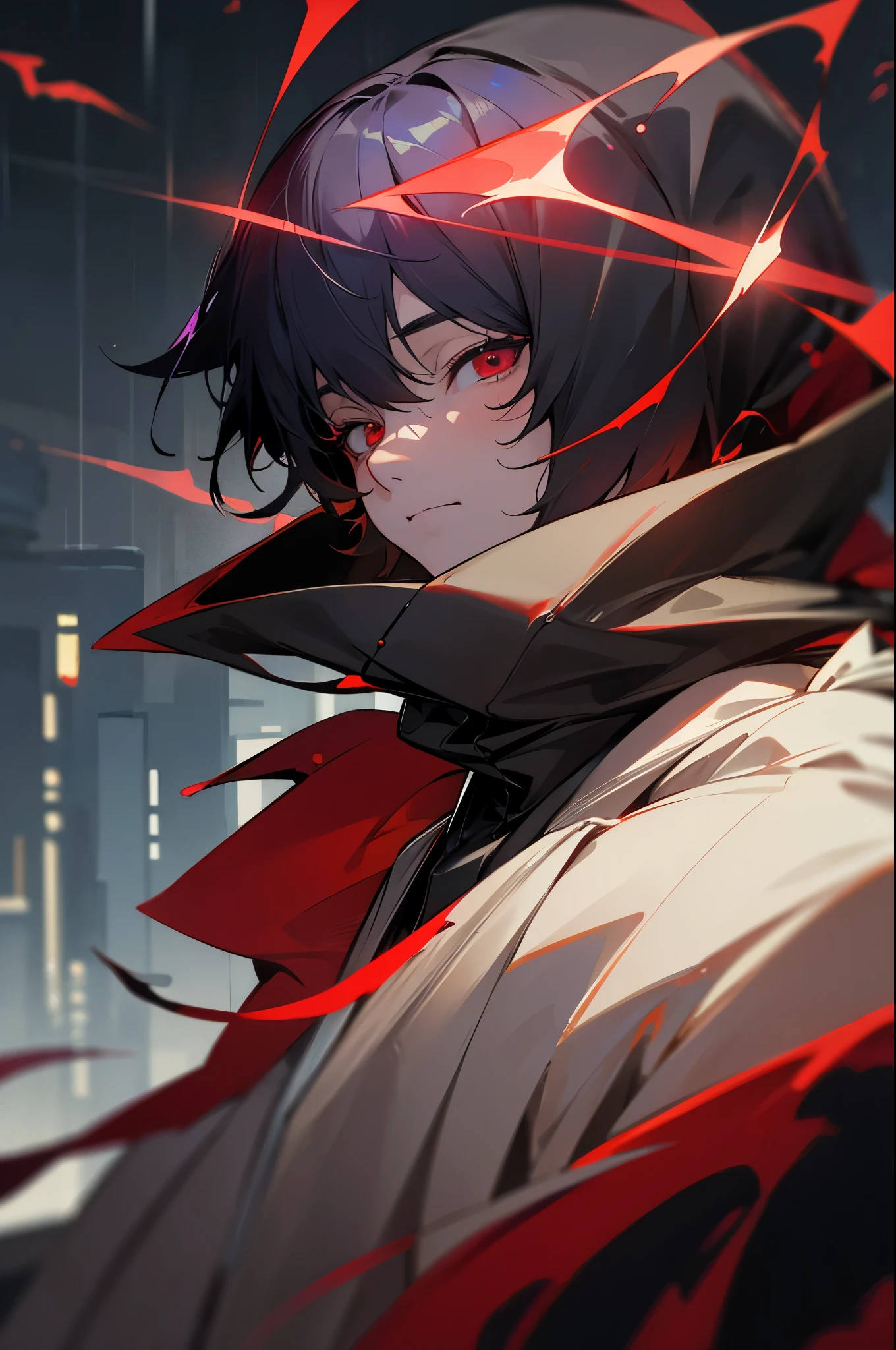 kk, best quality, more details, mastery, 1boy, kaneki ken, portrait, male focus, red eyes, solo, bangs, looking at viewer, hood, short hair, rain, tokyo tokyo \(city\), hijabi sluty,Nail polishing,whaite hair,Luxury,8k,the detail,Ray traching,depth of fieldovie lighting,