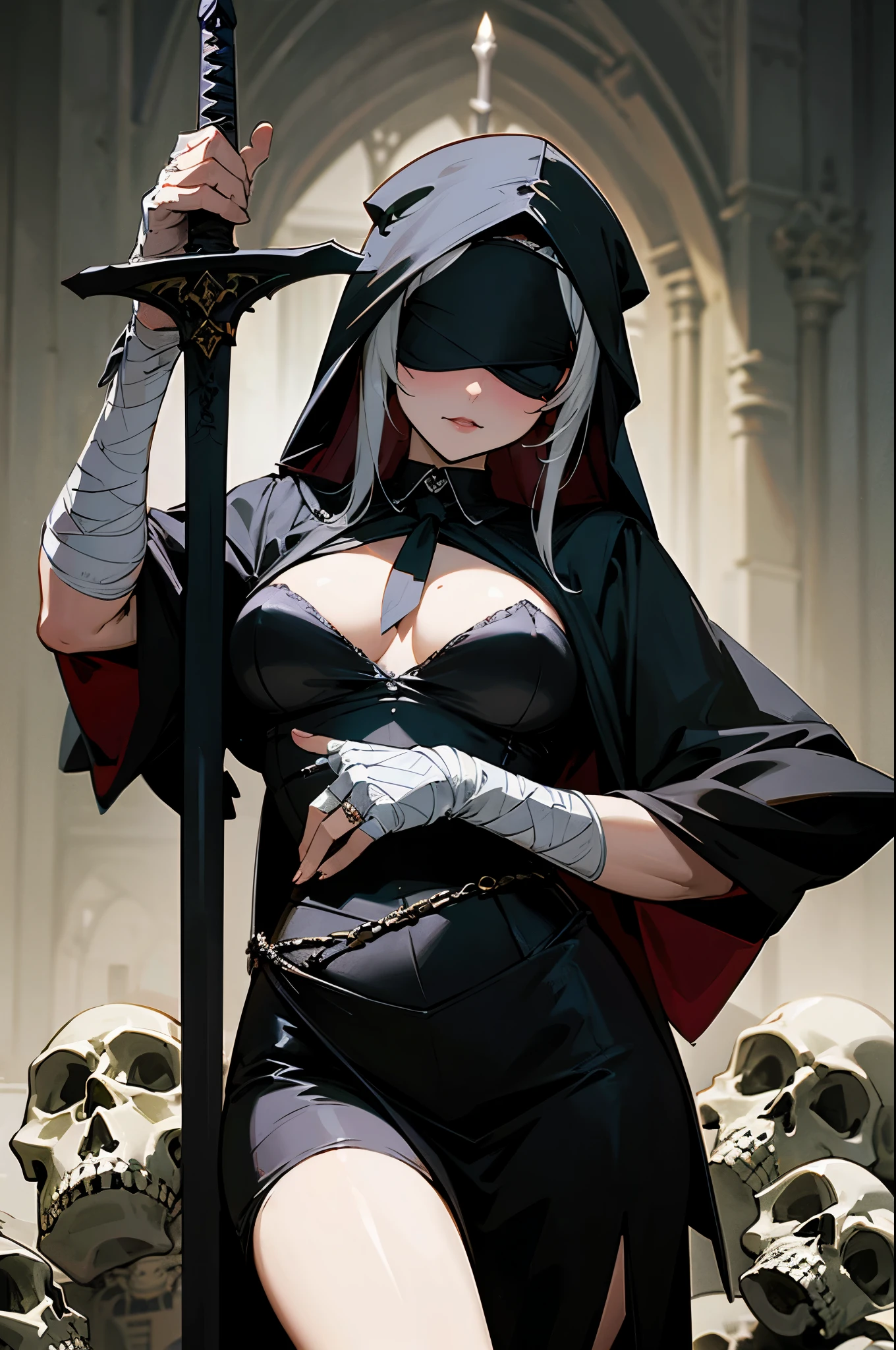 gothic lady justice, blindfold, sexy, erotic, holding sword and scale, skulls, wearing robes, bandages, gothic style art.