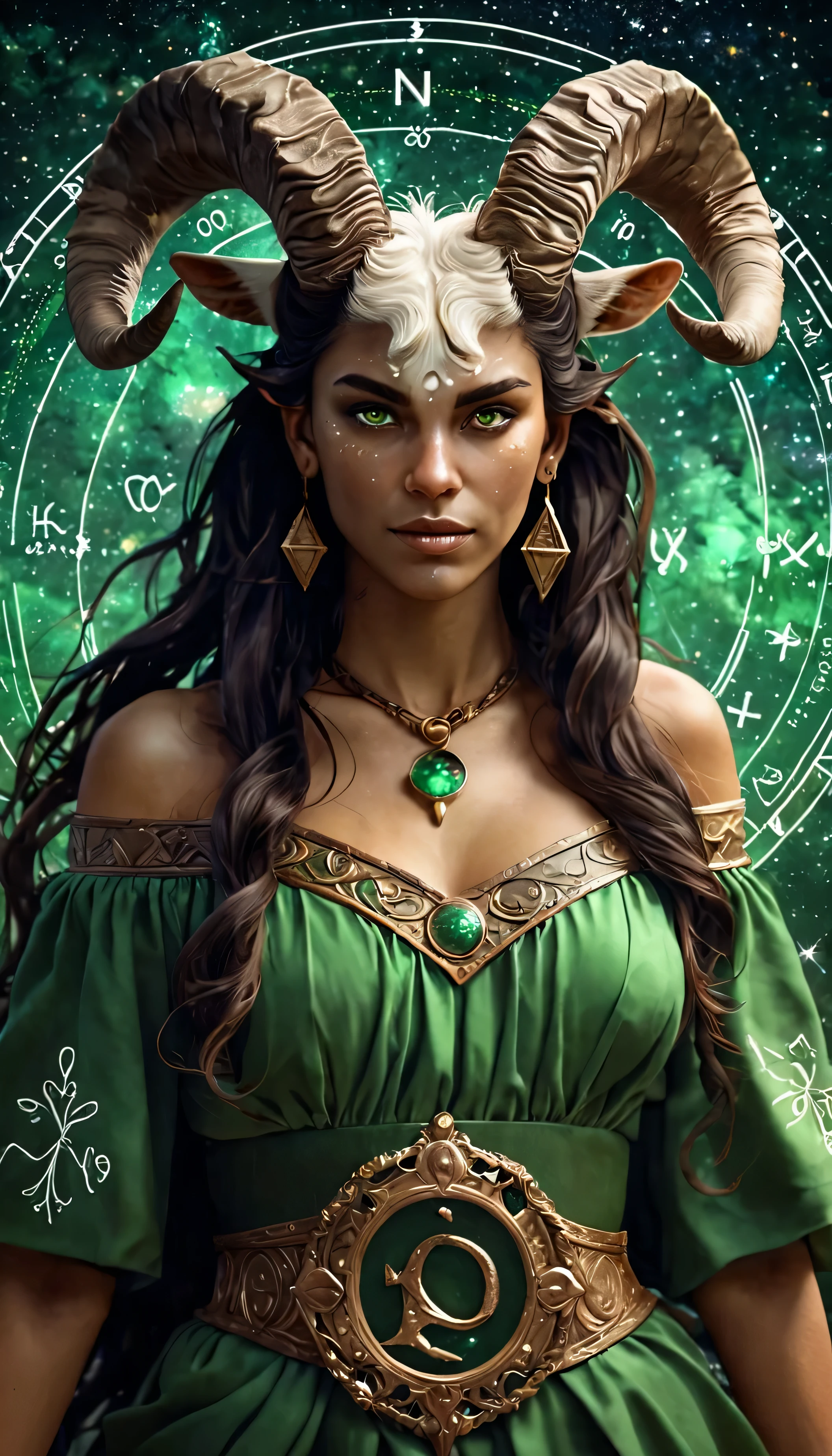 
"Representation of the zodiac sign Capricorn in the form of a woman.: fantastic art in high definition (8K) con tonos oscuros tierra y verde musgo, cabello largo y oscuro, ojos penetrantes y expresivos, and elements that identify Capricorn such as the goat or symbols related to this zodiac sign." mujer, chica, mujer, mujer.