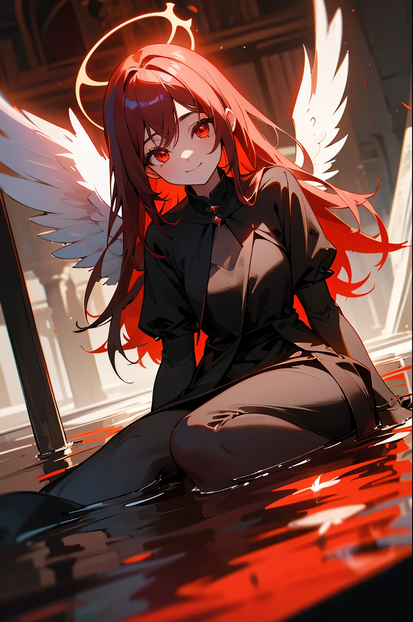 1girl, angel sitting, dark water, cute,(red halo),happy,gorgeos, glowing eyes, red eyes, angel wings, holy, black and red water,sensual, black tunic, feathers, ruins background, confident, smile, expressive eyes, collofull eyes, contrast, shadows, masterpiece, digital art,majestic, superior