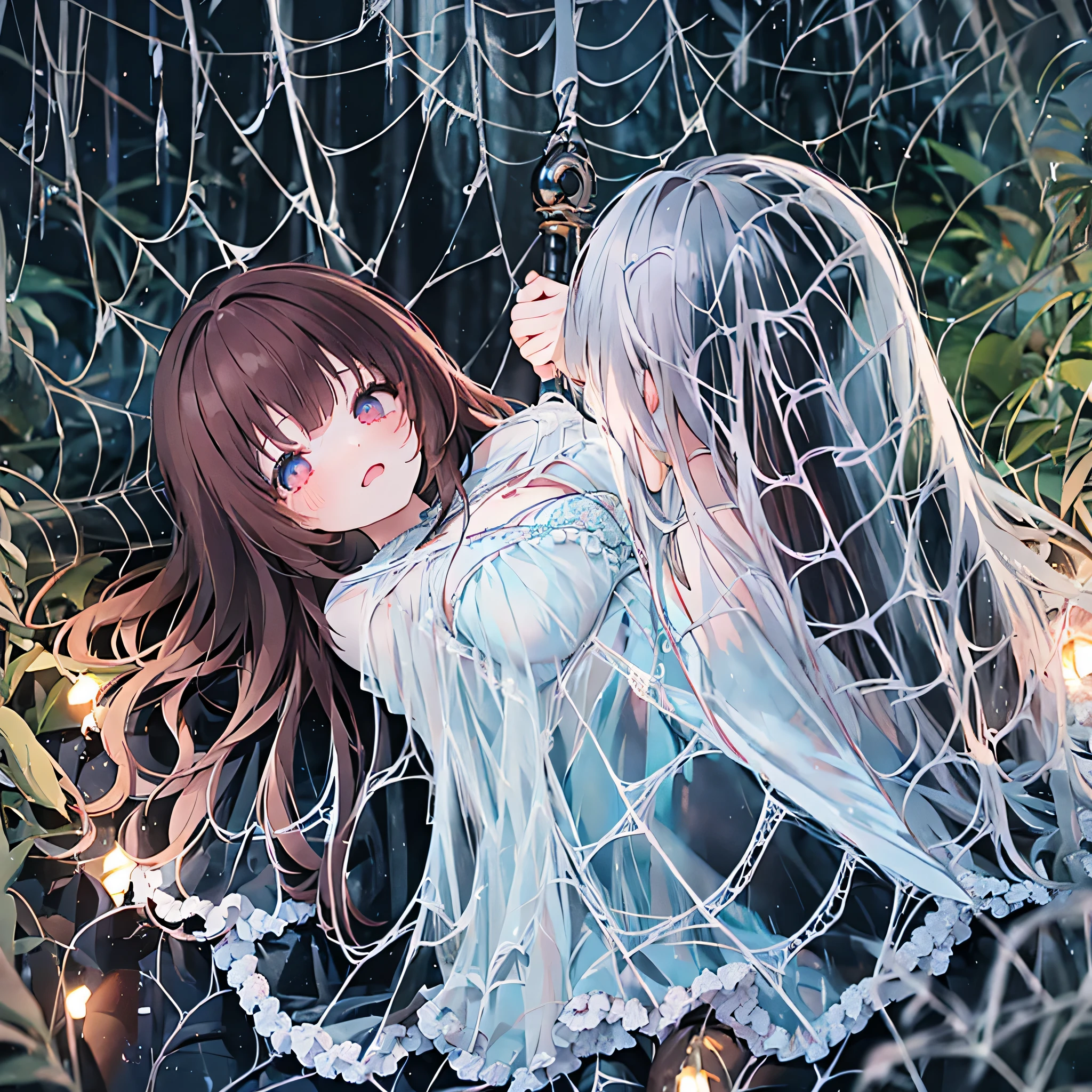 two girl kissing,,(bright lighting,romantic setting),dreamy background,,dark hair, mesmerizing gaze, , soft skin, alluring beauty, artistic portrait, high-quality image, vibrant colors,translucent long silk gown, mosquito net, lying down, romantic bedroom,bondage ,spider web, webbed