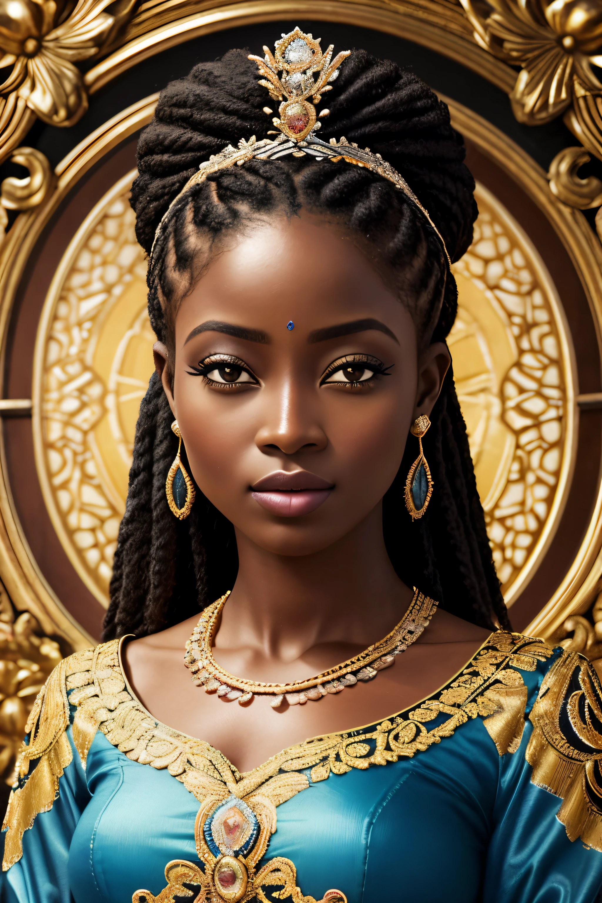 Retrato realista de uma mulher africana com pele castanha escura queimada pelo sol, cabelos longos:2                
 Encaracolado, ROUPAS DE PRINCESA, Cinderella long rococo style,  Imagem intrigante, imagem limpa, Ao fundo, um belo lago, Cores brilhantes, cinematic shadows,