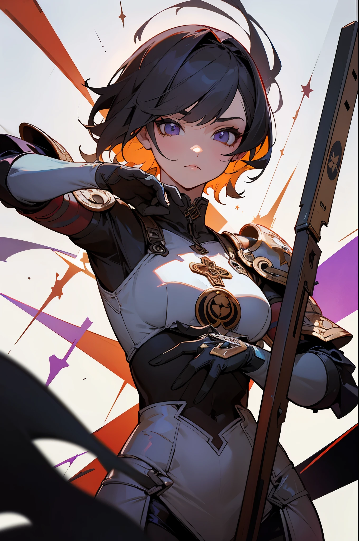 Kujou Sara Genshin|genshin impact, ((Masterpiece, Best Quality)), illustration, ultra-detailed 8K, realistic, clear focus, highly detailed, professional lighting, colorful details, rainbow colors BREAK factory super long shot, (1 large mechanical robot), microchip, computer, luminescence, intricate details, shitu-mecha, 1girl downscale standing in front of the viewer, navel