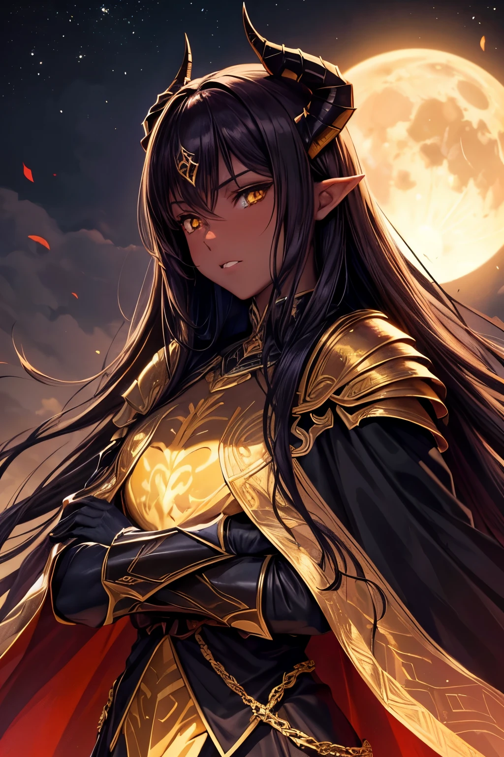 best quality, extremely beautiful, beautiful face, long straight brown hair, yellow eyes, (Shiny dark red skin : 1.2), Demon horns, full covering dark and gold armor, dark cape, in a dark forest at night, moon in background