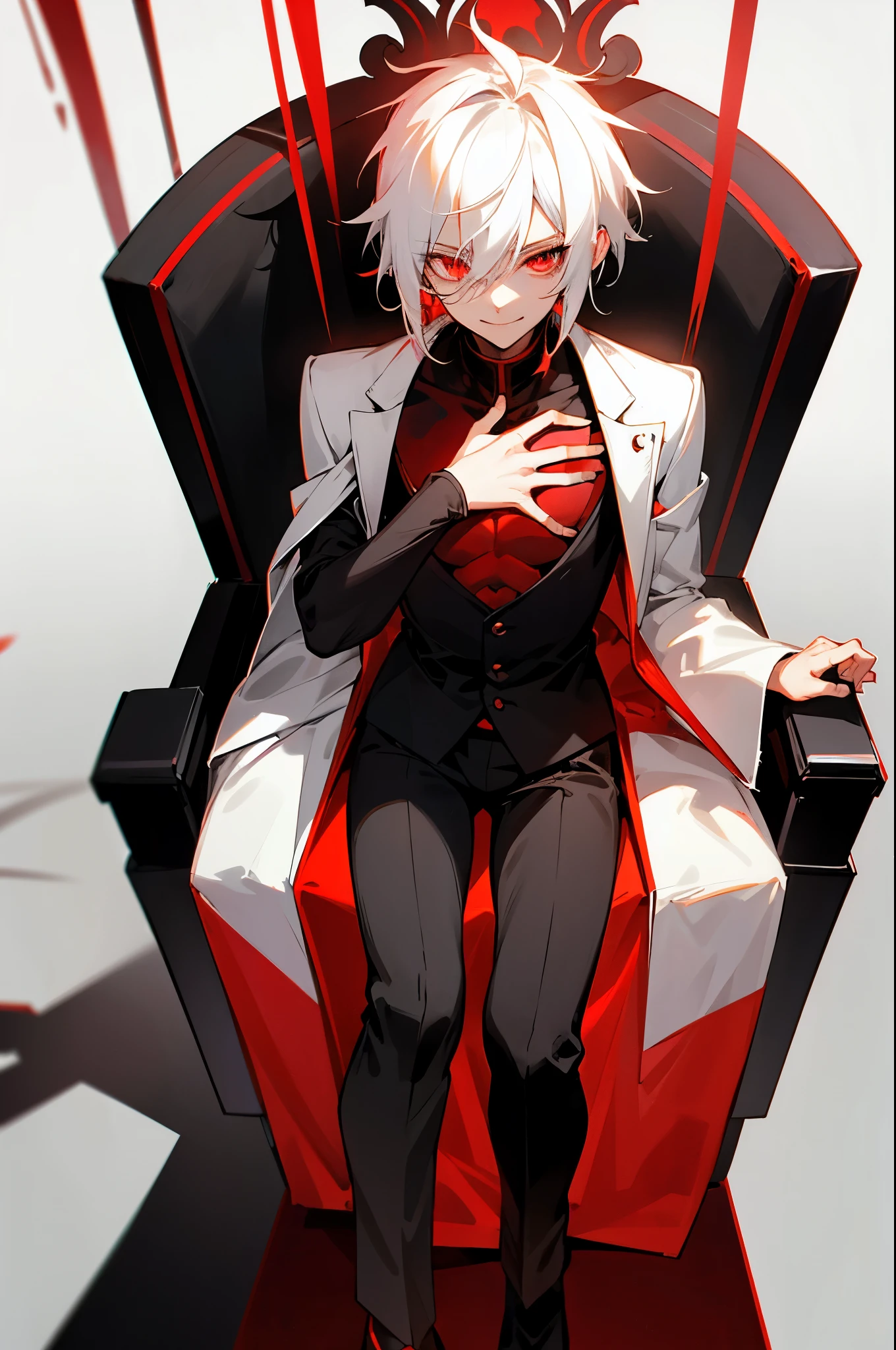 （From chest to head）,Anime boy with white hair and red eyes stares at camera, Glowing red eyes,slim, dressed in a black outfit,Shadow Body,monochromes,hair messy,Aggressive smile,sitting in a throne
