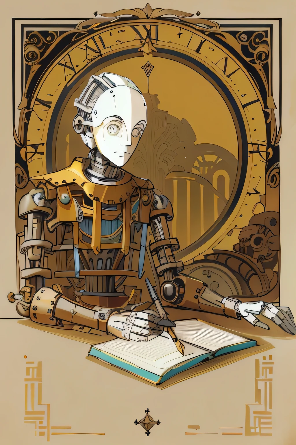 a drawing of a mechanical automaton sitting at a table with a book, Detailed humanoid, male automaton, humanoid portrait, portrait of an automaton adolescente, a portrait of an automaton, portrait of an automaton, portrait of an automaton, inspirado em Hugo Cabret, steampunk male automaton, retrato de um male automaton, retrato de um artista faminto de IA, ((ombro esquerdo igual ao direito))