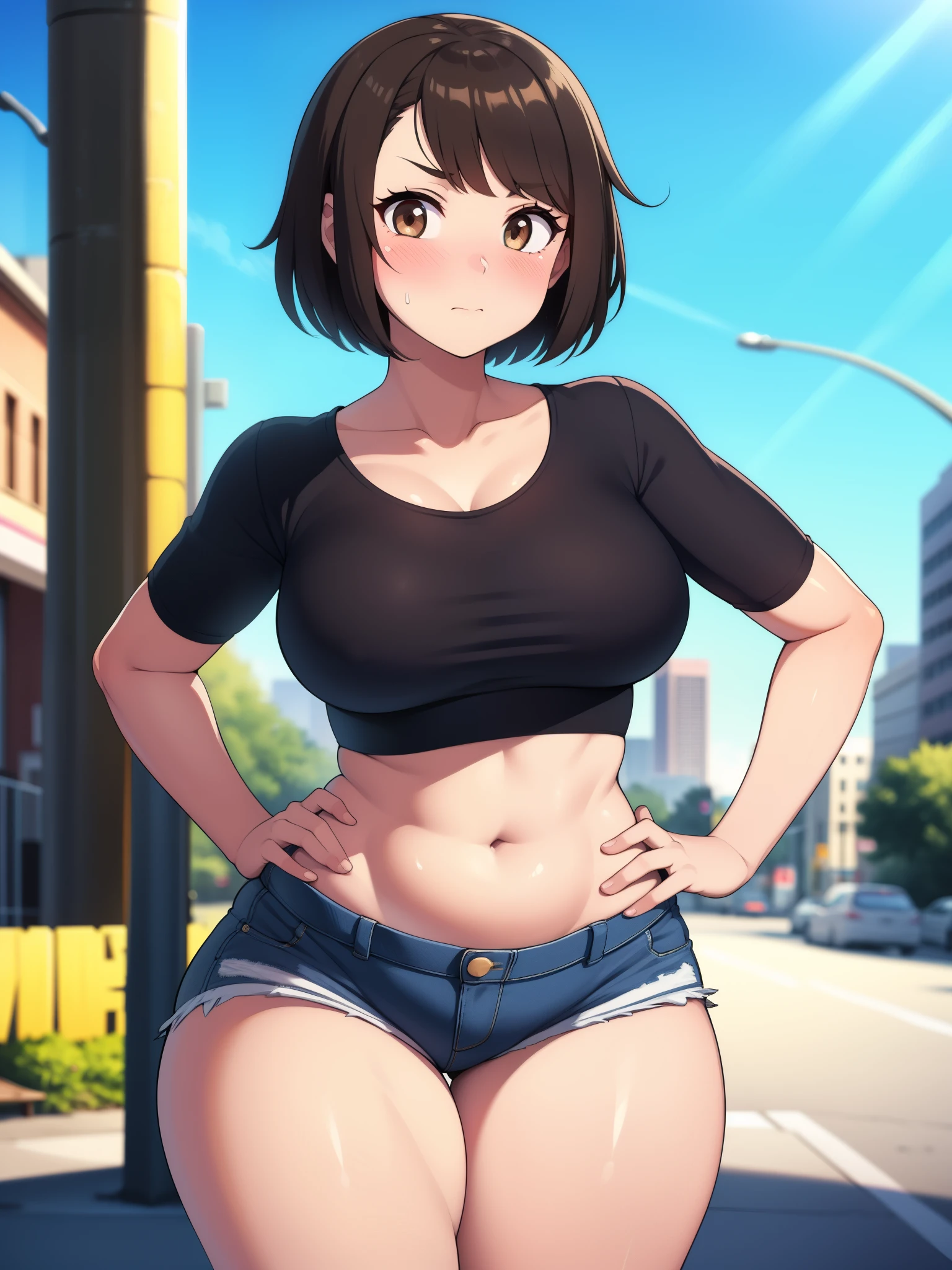 ((highres)), Masterpiece, high quality, best quality, beautiful, perfect lighting, detailed face, ultra cute face, ((1girl)), ((solo)), short brown hair, messy hair, brown eyes, nervous, bashful, ((blush)), looking at viewer, crop top, shorts, hand on hip, street, Neiborhood, sunny day, medium breasts, (wide hips), thick thighs, 