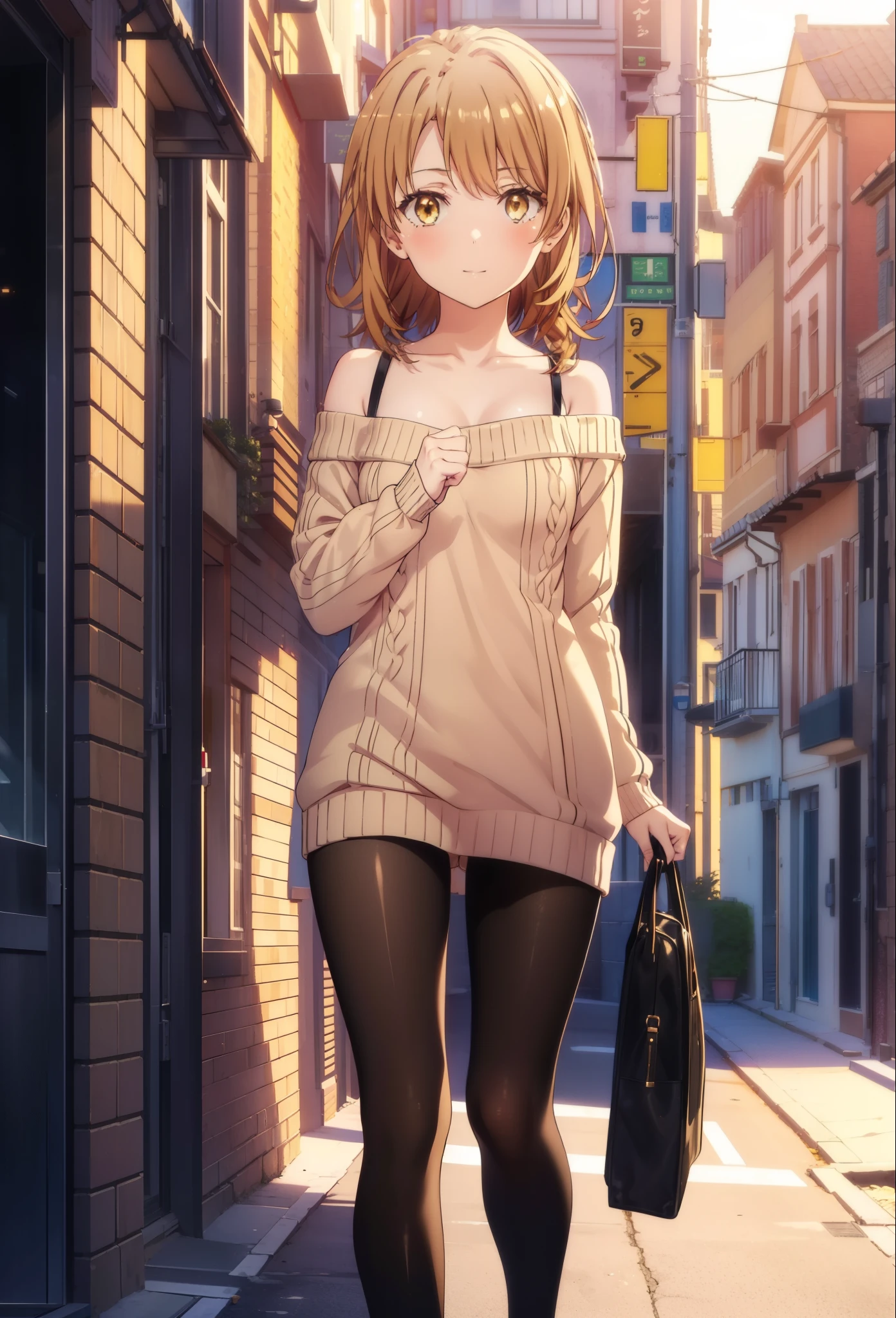 irohaisshiki, iroha isshiki, long hair, brown hair, (brown eyes:1.5), smile,blush,short braided hair,ponytail,off shoulder sweater,bare shoulders,naked neck,bare clavicle, oversized sweater, oversized sweater, shorts,black pantyhose,short boots,morning日,morning,the sun is rising,walking,,
break outdoors, building street,In town,
break looking at viewer,
break (masterpiece:1.2), highest quality, High resolution, unity 8k wallpaper, (figure:0.8), (detailed and beautiful eyes:1.6), highly detailed face, perfect lighting, Very detailed CG, (perfect hands, perfect anatomy),