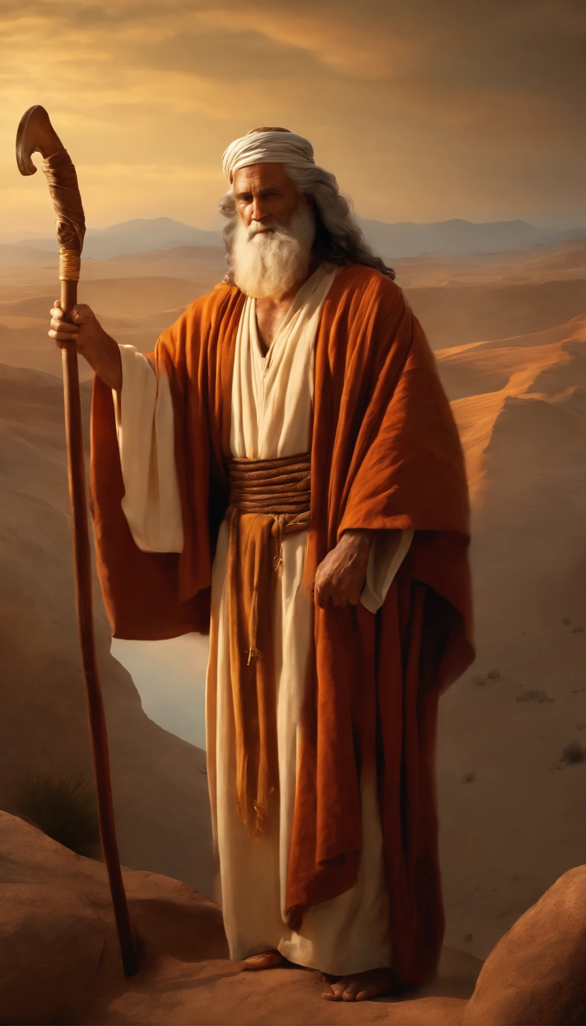 Moses with a staff in his hands, olhou para a tela, roupas longas, religion, Ultra foto realsisim