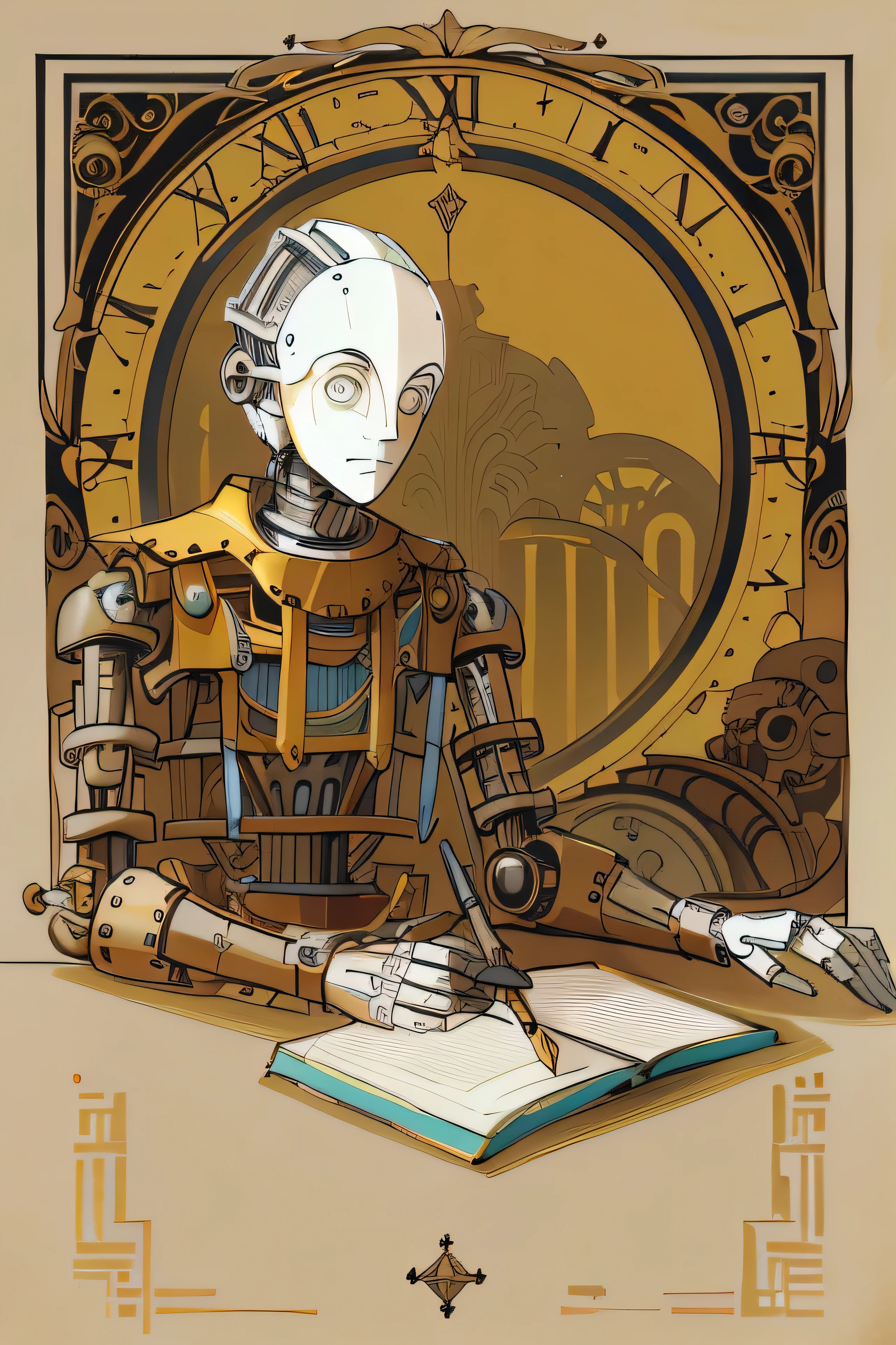 a drawing of a mechanical automaton sitting at a table with a book, Detailed humanoid, male automaton, humanoid portrait, portrait of an automaton adolescente, a portrait of an automaton, portrait of an automaton, portrait of an automaton, inspirado em Hugo Cabret, steampunk male automaton, retrato de um male automaton, retrato de um artista faminto de IA, ((ombro esquerdo igual ao direito))