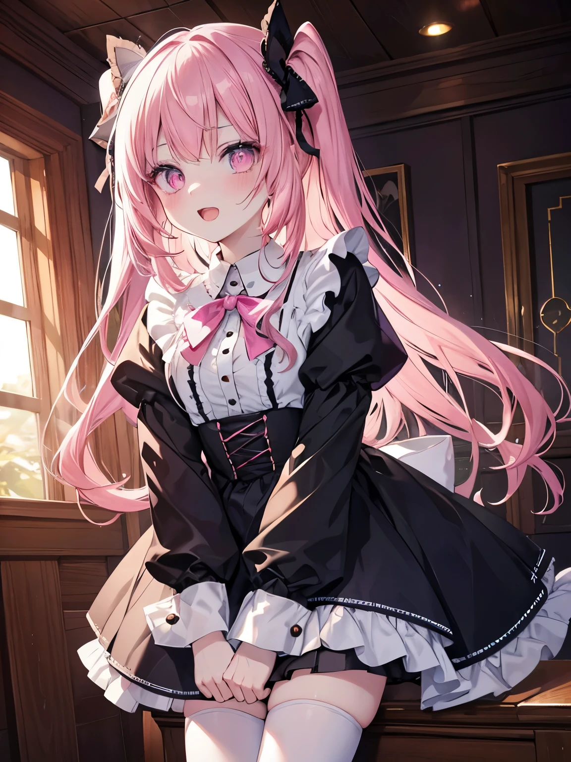 masutepiece, Highest Quality, (Perfect face:1.1), (high detailing:1.1), (ultradetailed eyes), Dramatic, superfine illustration, Extremely detailed,1girl in, teenager,(pale skin), Happy, Laugh, Enjoy,Open mouth,gloweyes,pinkhair,halfup,Ethereal eyes, pink eye,blush, Solo,Pouty lips,Cinematic lighting, upper body,looking up, leaning forward,Long sleeve, Gothic lolita, frilld, bow ribbon,knee high socks,indoor,(night)