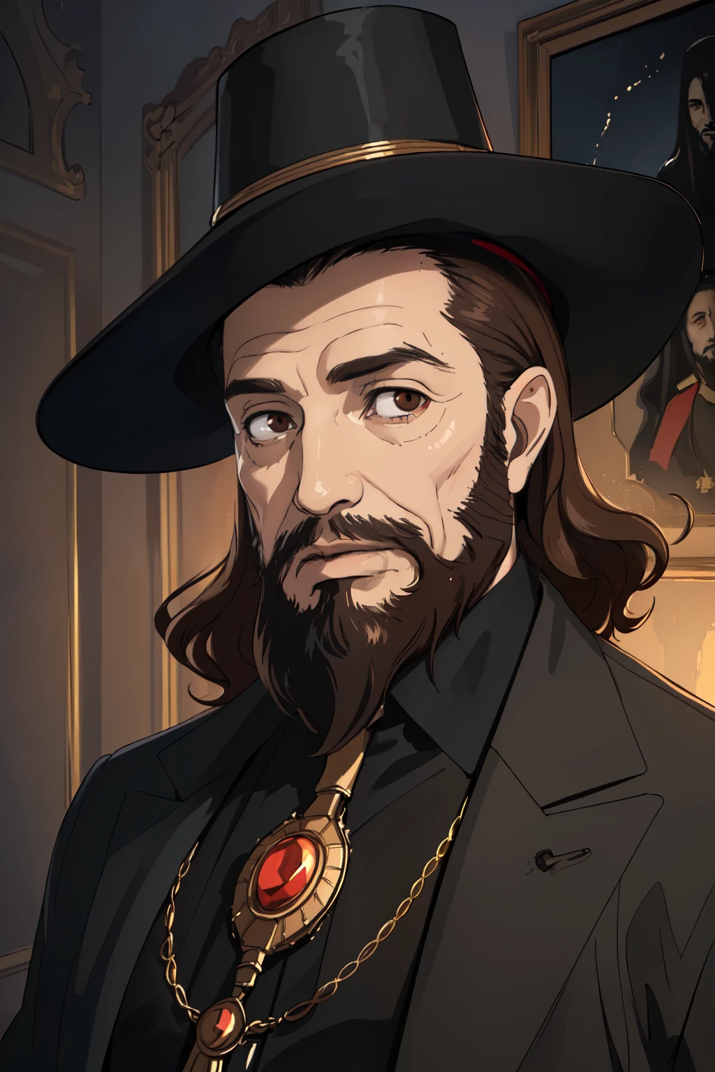 (best quality, ultra-detailed, realistic:1.37), portraits, medium:oil painting, vivid colors, dark atmosphere, baroque lighting, detailed face and expression, lone figure, middle-aged man, small curly brown hair, beard, wearing a pharaoh's hat, warm color palette, soft lighting, adult, teacher"