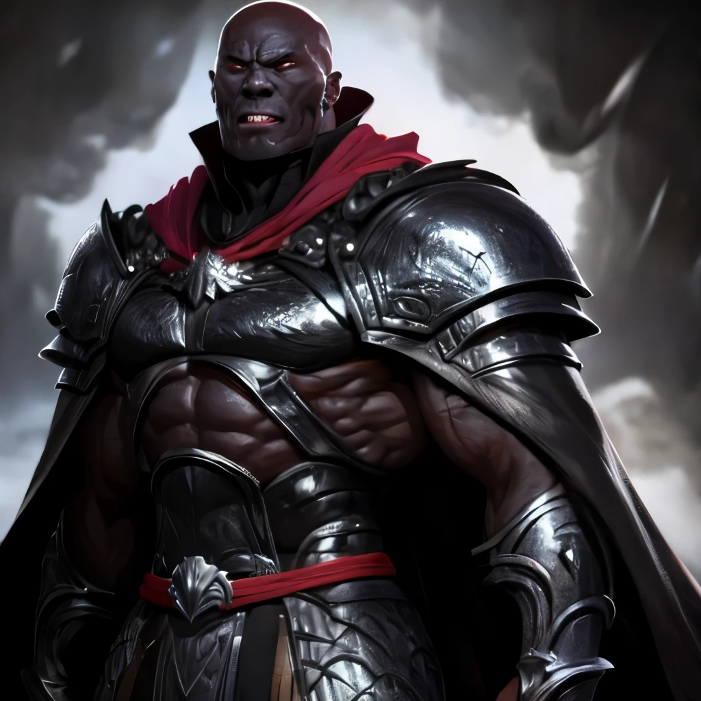 Black man, muscles,  big jaw, evil, armor, bald, cape