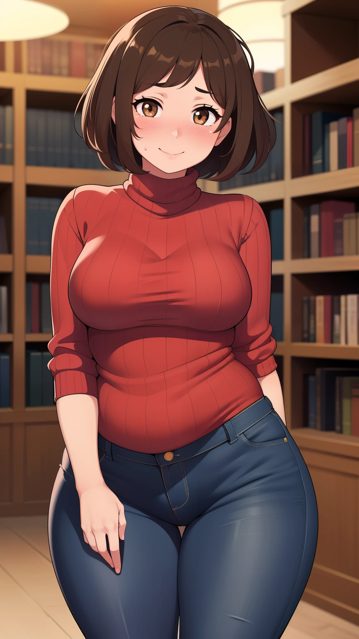 ((highres)), Masterpiece, high quality, best quality, beautiful, perfect lighting, detailed face, ultra cute face, ((1girl)), ((solo)), short brown hair, messy hair, brown eyes, ((blush)), seductive smile, looking at viewer, turtleneck sweater, jeans, ((medium breasts)), wide hips, thick thighs, chubby, library, arms behind back,