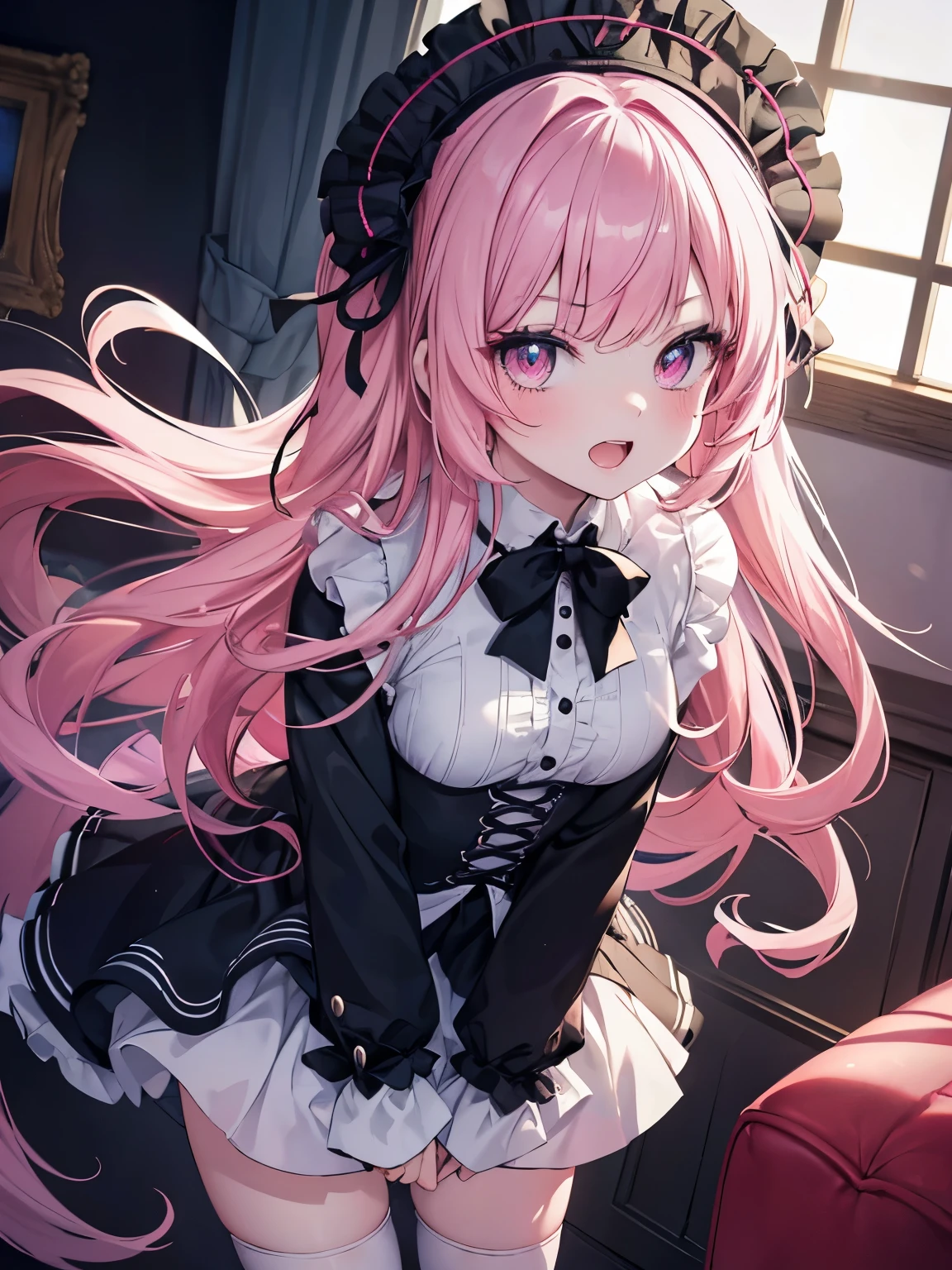 masutepiece, Highest Quality, (Perfect face:1.1), (high detailing:1.1), (ultradetailed eyes), Dramatic, superfine illustration, Extremely detailed,1girl in, teenager,(pale skin), Happy, Laugh, Enjoy,Open mouth,gloweyes,pinkhair,halfup,Ethereal eyes, pink eye,blush, Solo,Pouty lips,Cinematic lighting, upper body,looking up, leaning forward,Long sleeve, Gothic lolita, frilld, bow ribbon,knee high socks,indoor,(night)