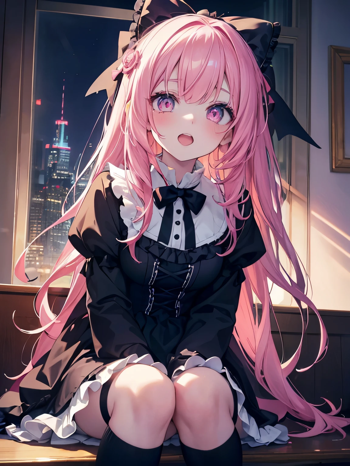 masutepiece, Highest Quality, (Perfect face:1.1), (high detailing:1.1), (ultradetailed eyes), Dramatic, superfine illustration, Extremely detailed,1girl in, teenager,(pale skin), Happy, Laugh, Enjoy,Open mouth,gloweyes,pinkhair,halfup,Ethereal eyes, pink eye,blush, Solo,Pouty lips,Cinematic lighting, upper body,looking up, leaning forward,Long sleeve, Gothic lolita, frilld, bow ribbon,knee high socks,indoor,(night)