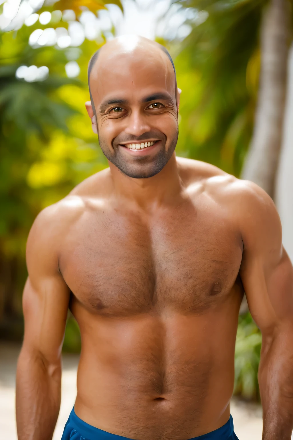 raw photo man of approximately 30 years old, charming, brown eyes and hair, little hair almost bald, smooth, attractive face, alone in Brazil, he is dressed in casual clothes, in a perfect light that highlights his impeccable appearance, without defects in his limbs. His well-defined muscles accentuate his confident posture and his tanned skin shines in the sun. His face displays attractive features and a captivating smile. He enjoys the city with grace and charm, personifying the healthy and relaxed lifestyle characteristic of Brazil, 16k, cinematic lighting.