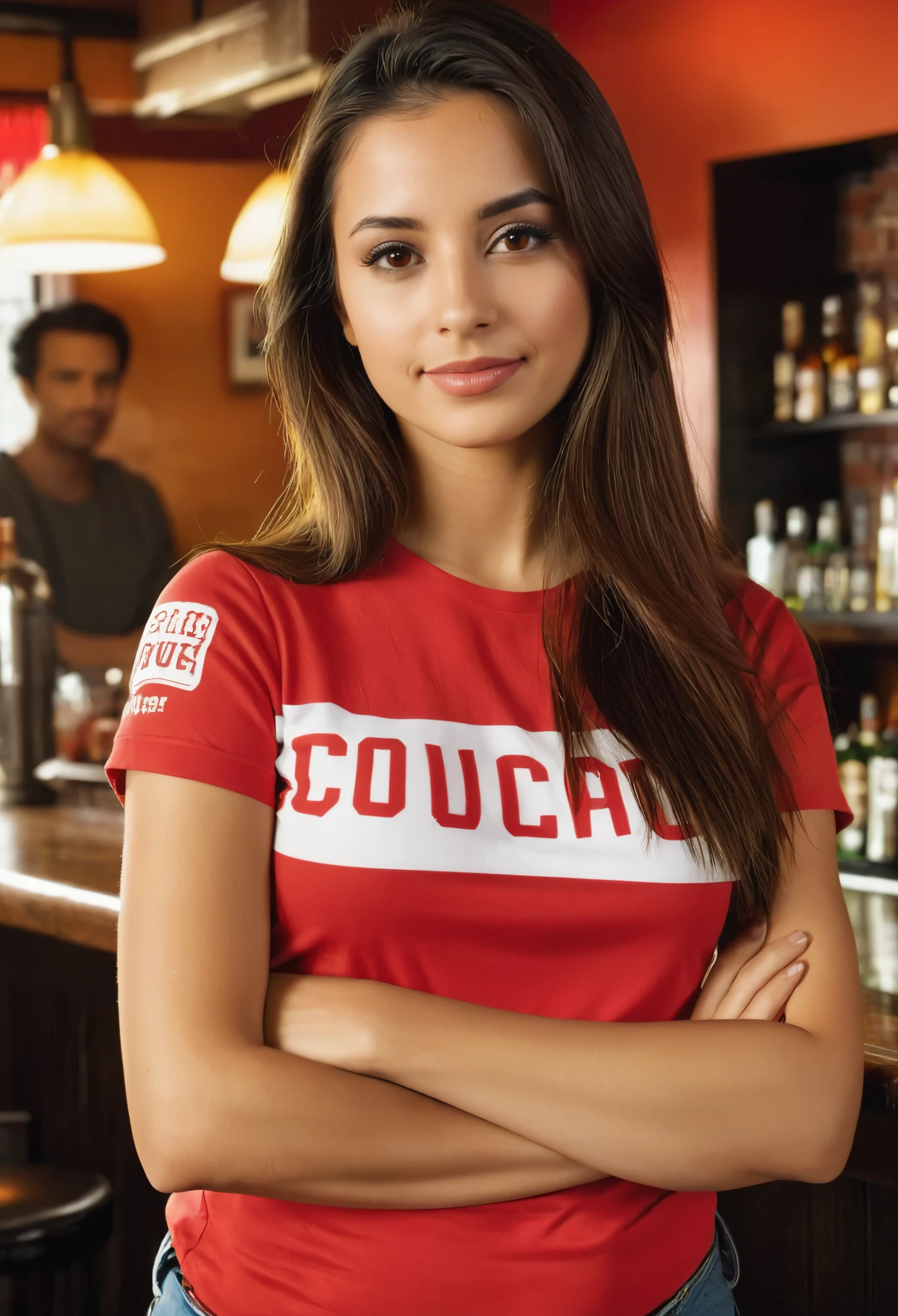 1 young woman((full body, serious)), brunette girl wearing jeans and red t-shirt, in a bar, masterpiece, best quality, ultra-detailed, a woman, straight hair, brown eyes, 28 years old, (long hair:1.3), beautiful face, latina, attractive girl, attractive woman, beautiful brunette woman, beautiful brunette girl, attractive female, brunette woman, gorgeous female, soft portrait shot 8 k, solo, cheerful, shadows, contrast, analog style (look at viewer:1.2) (realistic skin) (film grain:1.3), (warm hue, warm tone) :1.2), close up, ultra high res, best shadow, RAW, arms down, ray tracing, photograph