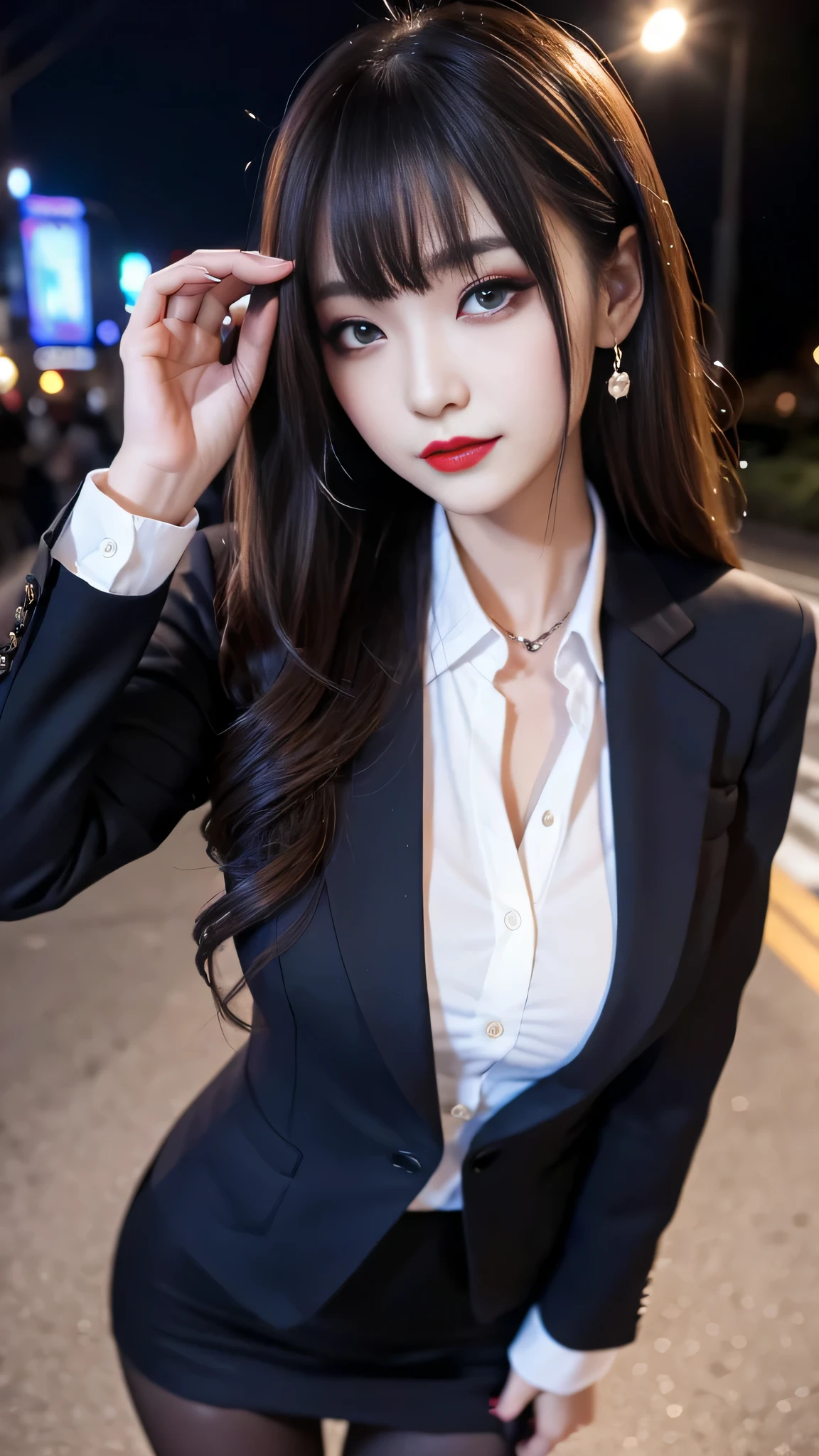 Super detailed、Japanese、charming beauty、seductive adult woman、Beautiful woman、sharp eyes、cool girl、wavy hair、flowing bangs、suit、Jacket、blouse、Tight Skirt、pantyhose、beautiful feet、evilの幹部、evil depravity、brainwashing、Mind control、lipstick、grin、evilな表情、evil、empty eyes、evil、church at night、vampire、Succubus、vampire、makeup brush