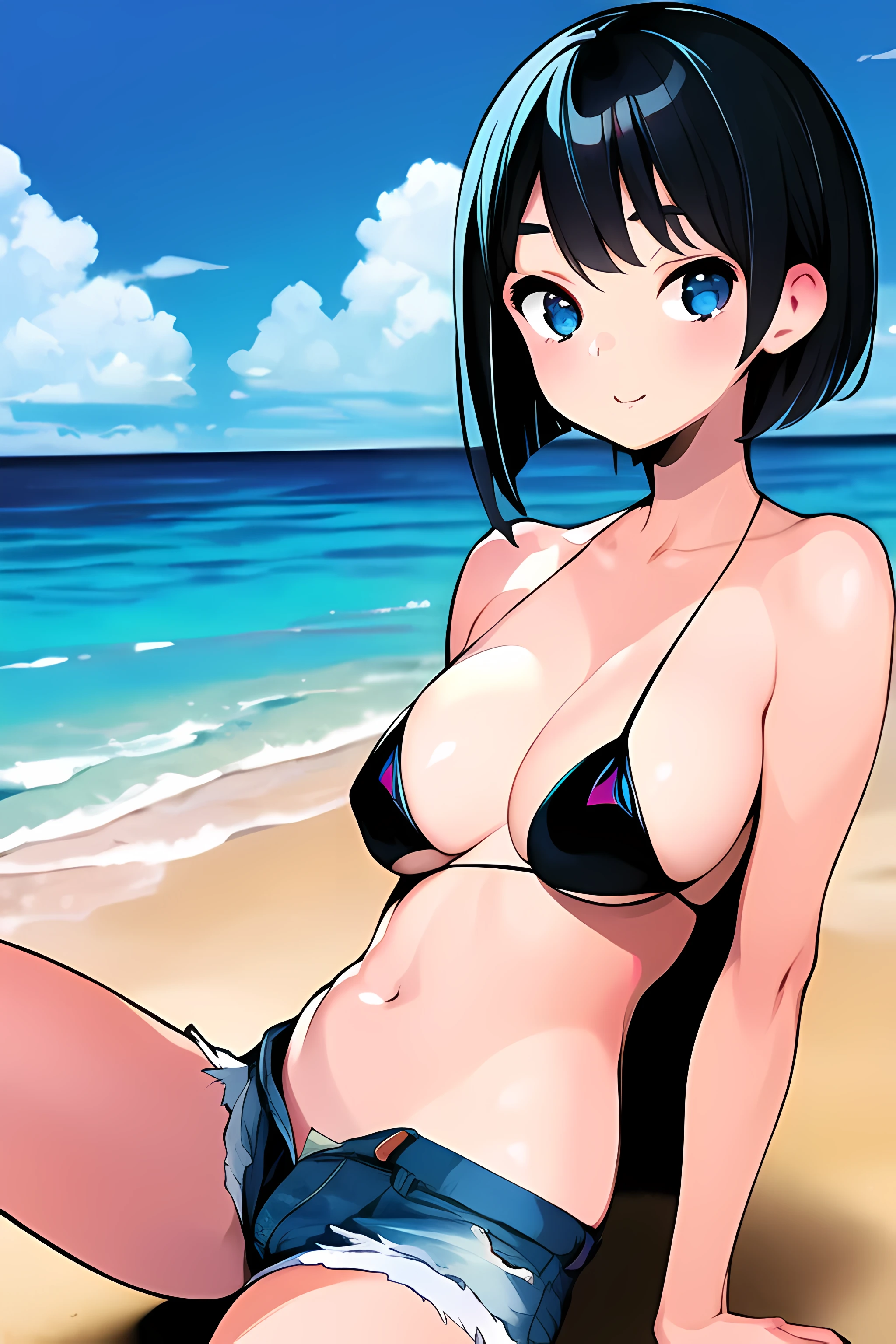 masterpiece, best quality, 1girl, short black hair, blue eyes, bikini, denim shorts, beach, absurd, high resolution, ultrasharp, 8K, masterpiece, nsfw