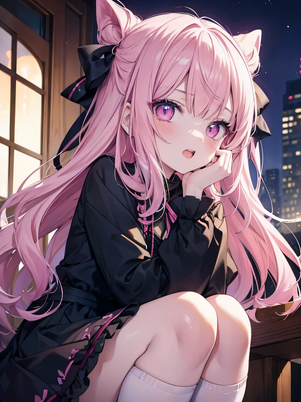 masutepiece, Highest Quality, (Perfect face:1.1), (high detailing:1.1), (ultradetailed eyes), Dramatic, superfine illustration, Extremely detailed,1girl in, ager,(pale skin), Happy, Laugh, Enjoy,Open mouth,gloweyes,pinkhair,halfup,Ethereal eyes, pink eye,blush, Solo,Pouty lips,Cinematic lighting, upper body,looking up, leaning forward,Long sleeve, Gothic lolifrilld, bow ribbon,knee high socks,indoor,(night)
