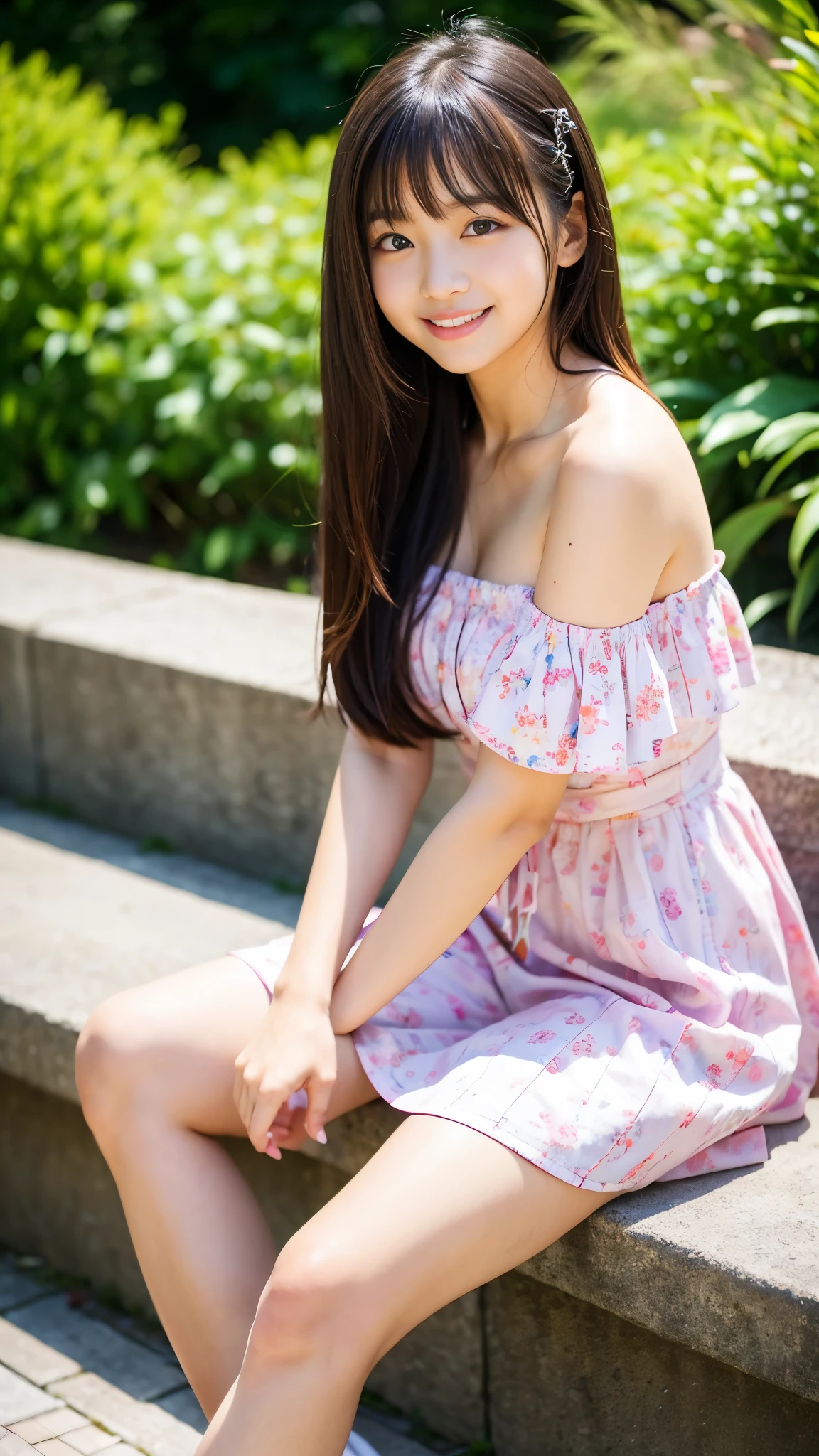 Best-quality, Masterpiece, Ultra-High-Resolution, (Photorealistic:1.4), Raw-Photo, 1girl, -yeld, thost famous Japanese idol, wearing spring-clothes with cute design, (extremely cute face like the most popular Japanese idol, (extremely beautiful big-eyes)), extremely beautiful black-hair, extremely beautiful skins, extremely beautiful long-eyelashes, extremely beautiful lips, extremely beautiful shoulders, extremely beautiful short-body, extremely beautiful thighs, innocent-smile, looking at viewer