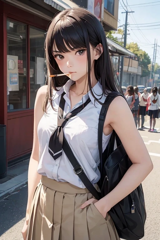 (highest quality, masterpiece、High school girl with a cigarette in her mouth1people、solo、hands are in pockets、grumpy face)、((Upper body))、