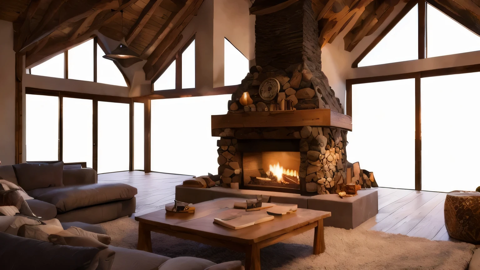 Sala de estar con chimenea, sofas and a table., chimenea caliente, cosy chimenea, traditional chimenea, Warm interior, chimenea, chimenea rugiendo, Warm interiors, render realista del motor irreal, fireplace lighting, ambiente acogedor, Luxurious log cabin, Warm living room, renderizado bellamente detallado, irori chimenea, fuego rugiente, ambiente acogedor, renderizado muy realista, render limpio