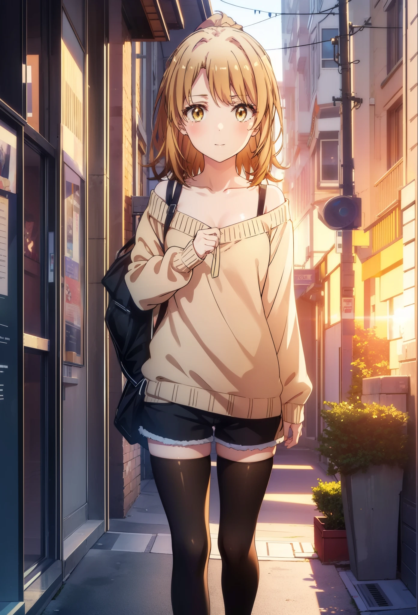 irohaisshiki, iroha isshiki, long hair, brown hair, (brown eyes:1.5), smile,blush,short braided hair,ponytail,off shoulder sweater,bare shoulders,naked neck,bare clavicle, oversized sweater, oversized sweater, shorts,black pantyhose,short boots,morning日,morning,the sun is rising,walking,,
break outdoors, building street,In town,
break looking at viewer,
break (masterpiece:1.2), highest quality, High resolution, unity 8k wallpaper, (figure:0.8), (detailed and beautiful eyes:1.6), highly detailed face, perfect lighting, Very detailed CG, (perfect hands, perfect anatomy),