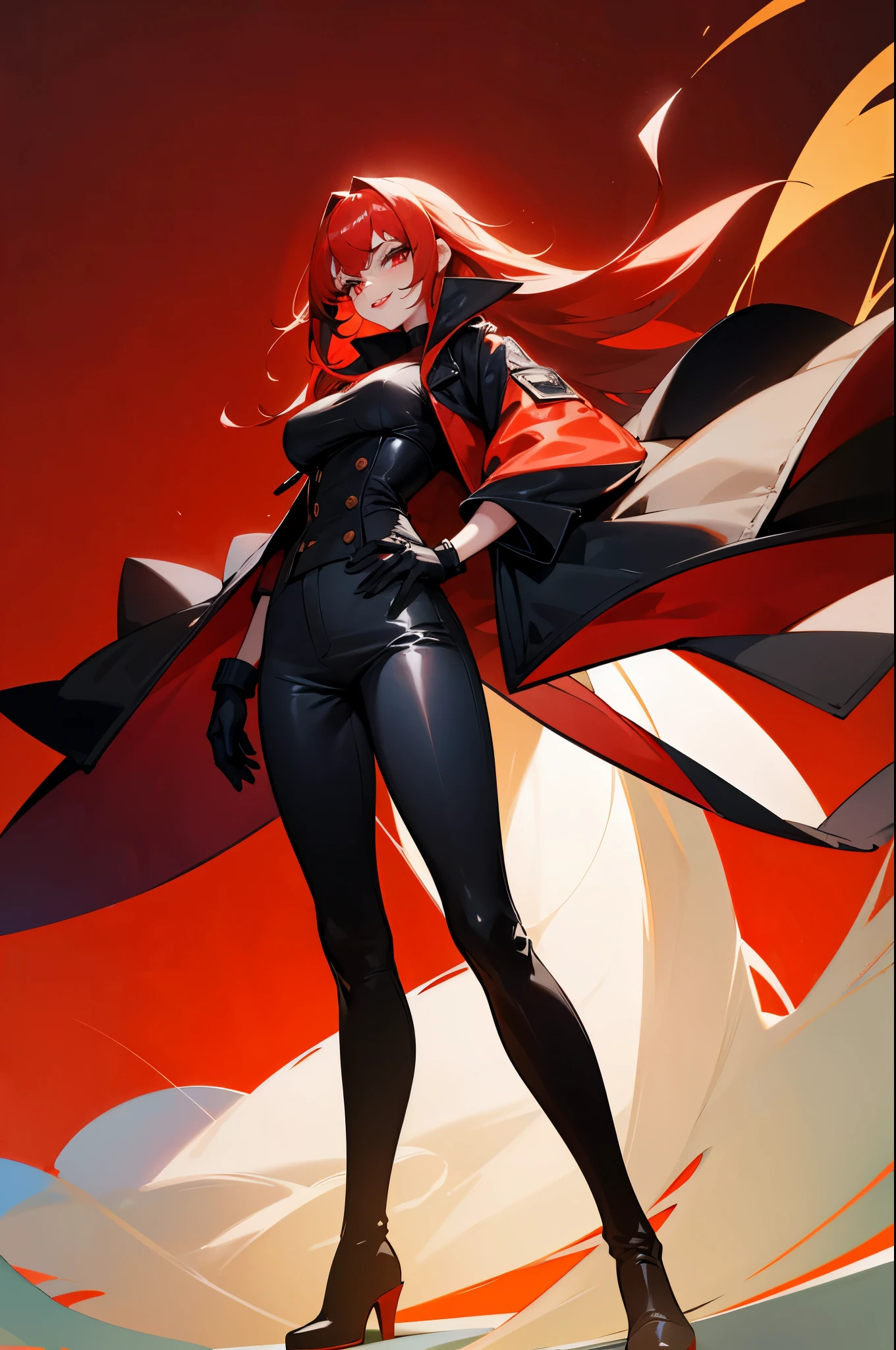 masterpiece, best quality, 1girl, long hair, big bust, very long red hair, messy hair, leather clothes, white long jacket, red and yellow hair, fure, fure hair, black psnts, boots, gloves, red eyes, middle ponytail, good anatomy,