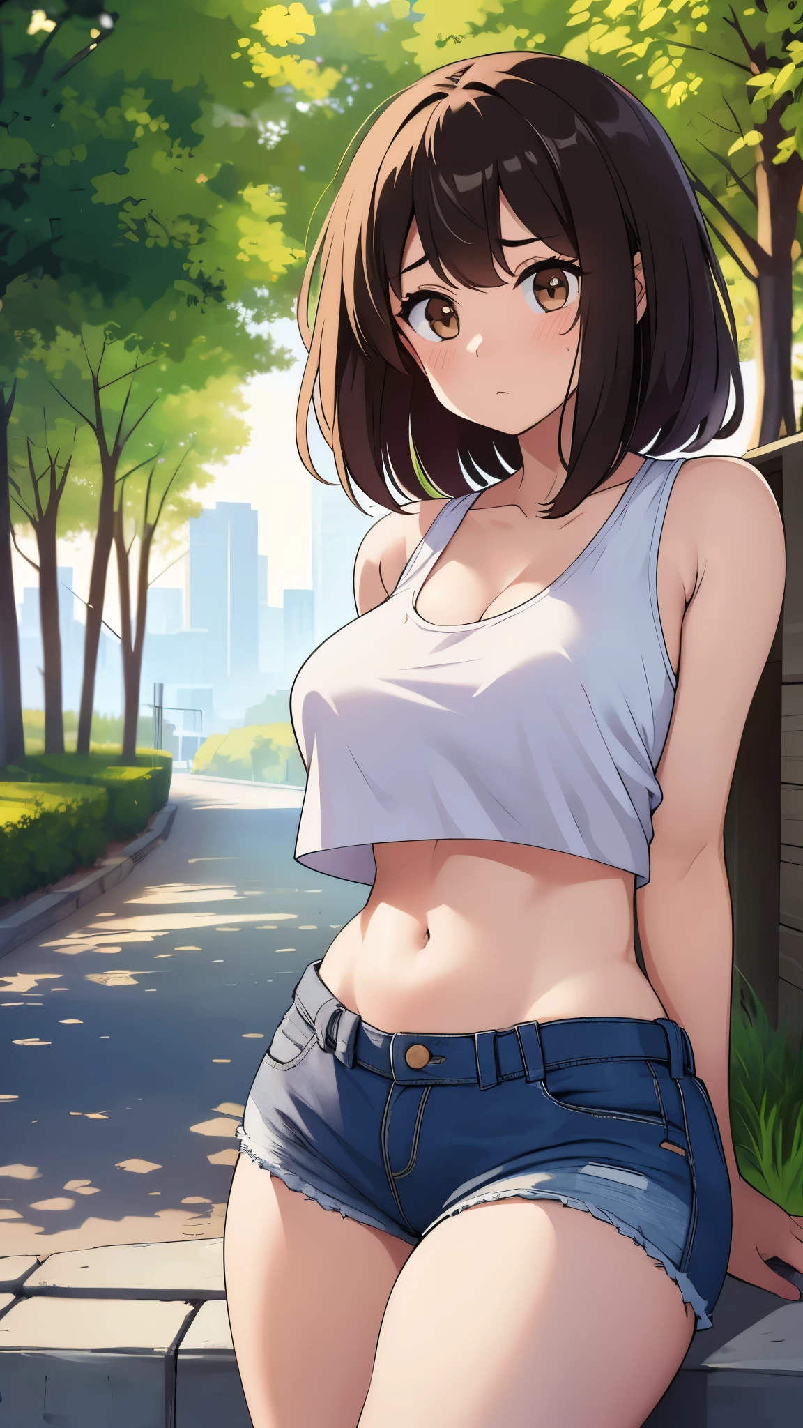 ((highres)), Masterpiece, high quality, best quality, beautiful, perfect lighting, detailed face, ultra cute face, ((1girl)), ((solo)), short brown hair, messy hair, brown eyes, nervous, bashful, ((blush)), looking at viewer, crop top, shorts, street, Neiborhood, sunny day, medium breasts, (wide hips), thick thighs, 