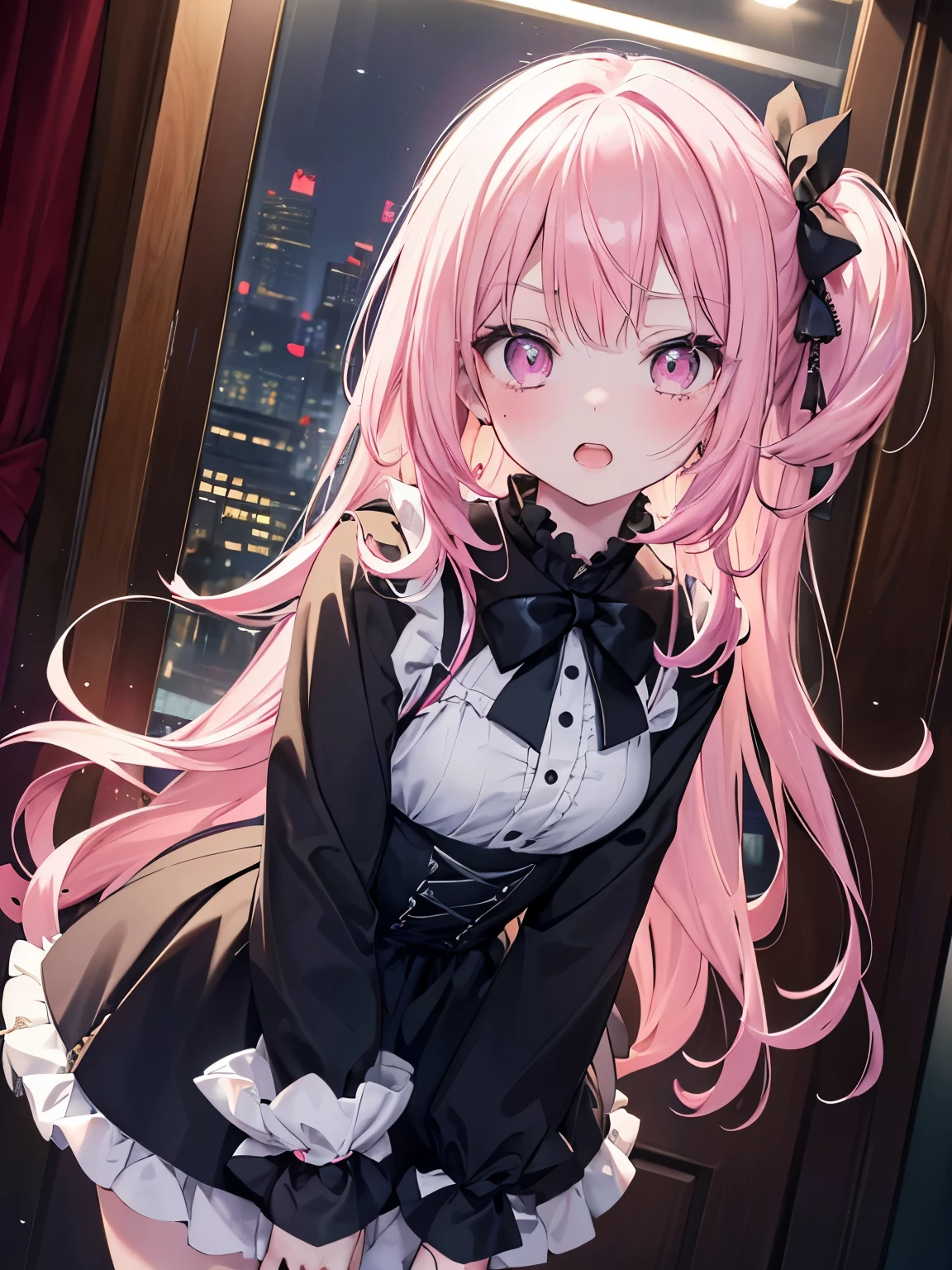 masutepiece, Highest Quality, (Perfect face:1.1), (high detailing:1.1), (ultradetailed eyes), Dramatic, superfine illustration, Extremely detailed,1girl in, teenager,(pale skin), Happy, Laugh, Enjoy,Open mouth,gloweyes,pinkhair,halfup,Ethereal eyes, pink eye,blush, Solo,Pouty lips,Cinematic lighting, upper body,looking up, leaning forward,Long sleeve, Gothic lolita, frilld, bow ribbon,knee high socks,indoor,(night)