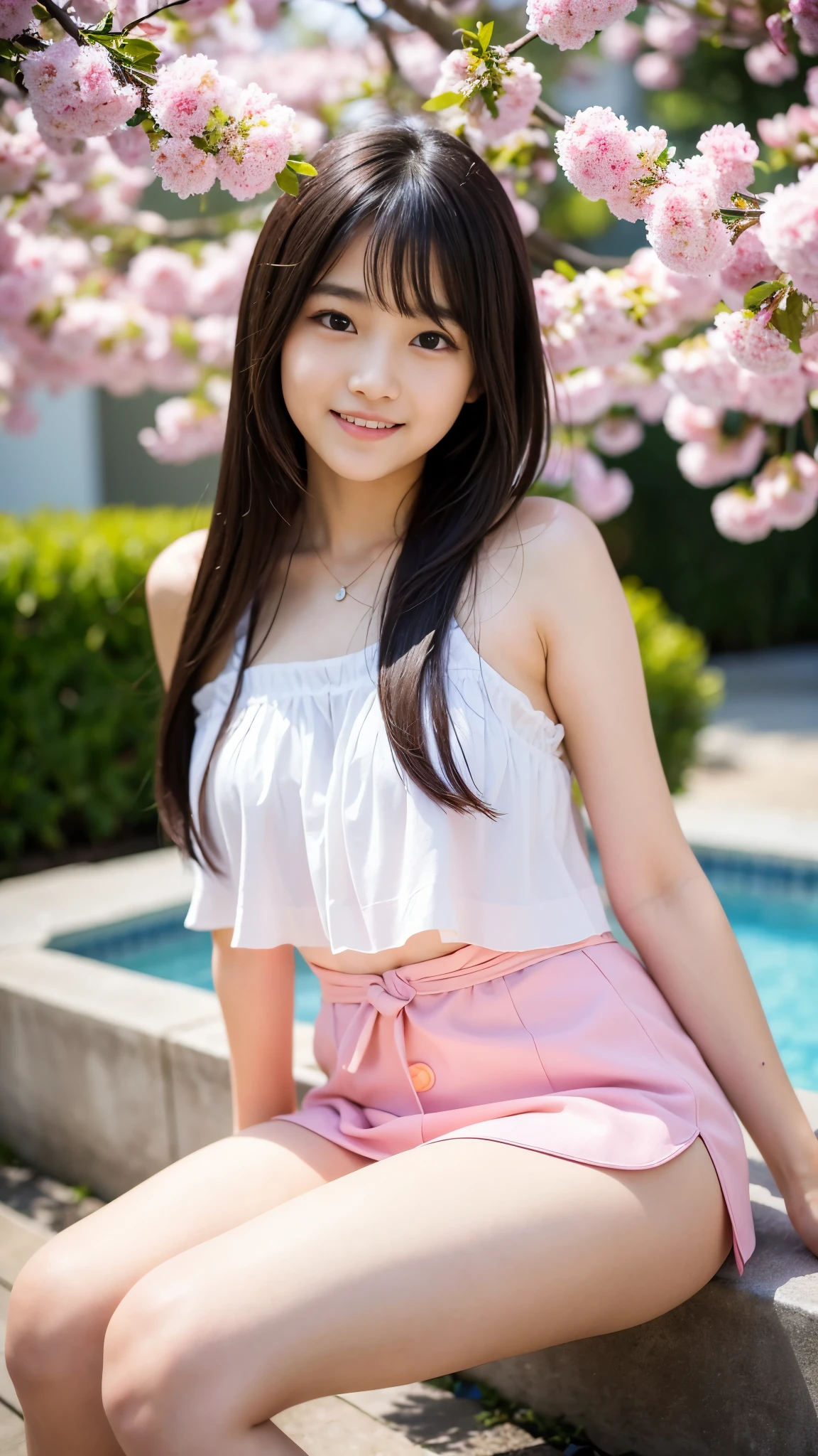 Best-quality, Masterpiece, Ultra-High-Resolution, (Photorealistic:1.4), Raw-Photo, 1girl, 12-years-old, the most famous Japanese idol, wearing spring-clothes with cute design, (extremely cute face like the most popular Japanese idol, (extremely beautiful big-eyes)), extremely beautiful black-hair, extremely beautiful skins, extremely beautiful long-eyelashes, extremely beautiful lips, extremely beautiful shoulders, extremely beautiful short-body, extremely beautiful thighs, innocent-smile, looking at viewer