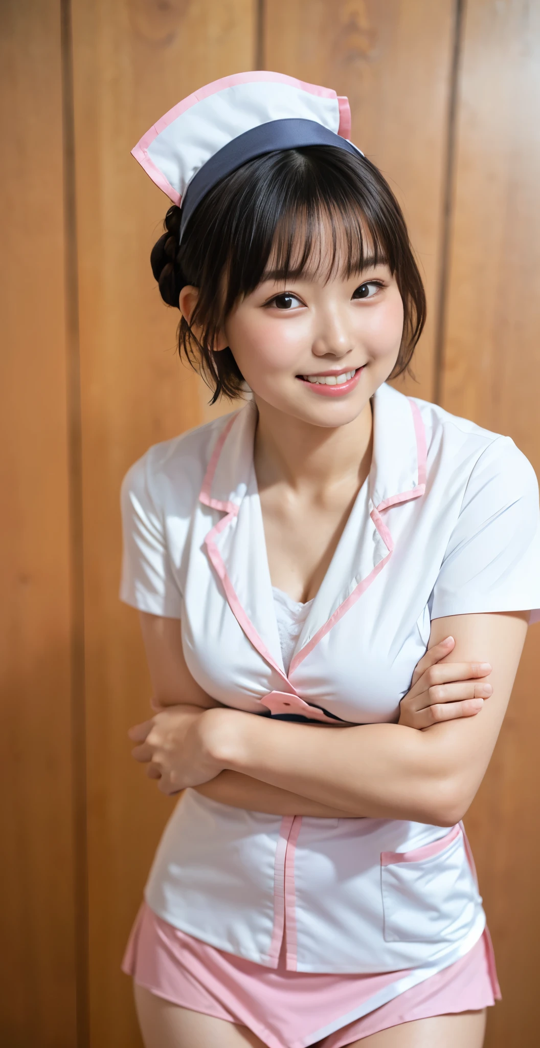 (8K、Raw photography、highest quality、masterpiece:1.2),(black haired、very short hair:1.8),(twin mitsu braid:1.4)、show viewer,Looking at the front,erotic,白いskin,(nursing squadron、She wears a shiny pink ranger costume that resembles a nurse's uniform.:1.7)、()、(Clothing that emphasizes the shape of your chest、publish one'skin:1.6)、(big breasts :1.2)、slim body shape、ultra high resolution,beautiful,beautiful fece,(alone、no background:1.9),whole bodyボディー,japanese woman,(Photoreal:1.37)、photon mapping,reality、(-faced and cute: 1.0)、(cute smile: 1.7)、(With a round face: 1.7)、radio city、Physically based rendering、depth of field rally background、photograph, (I can see your knees,pretty short skirt、I can see white panties、close up of thighs:1.5),whole body、super fine