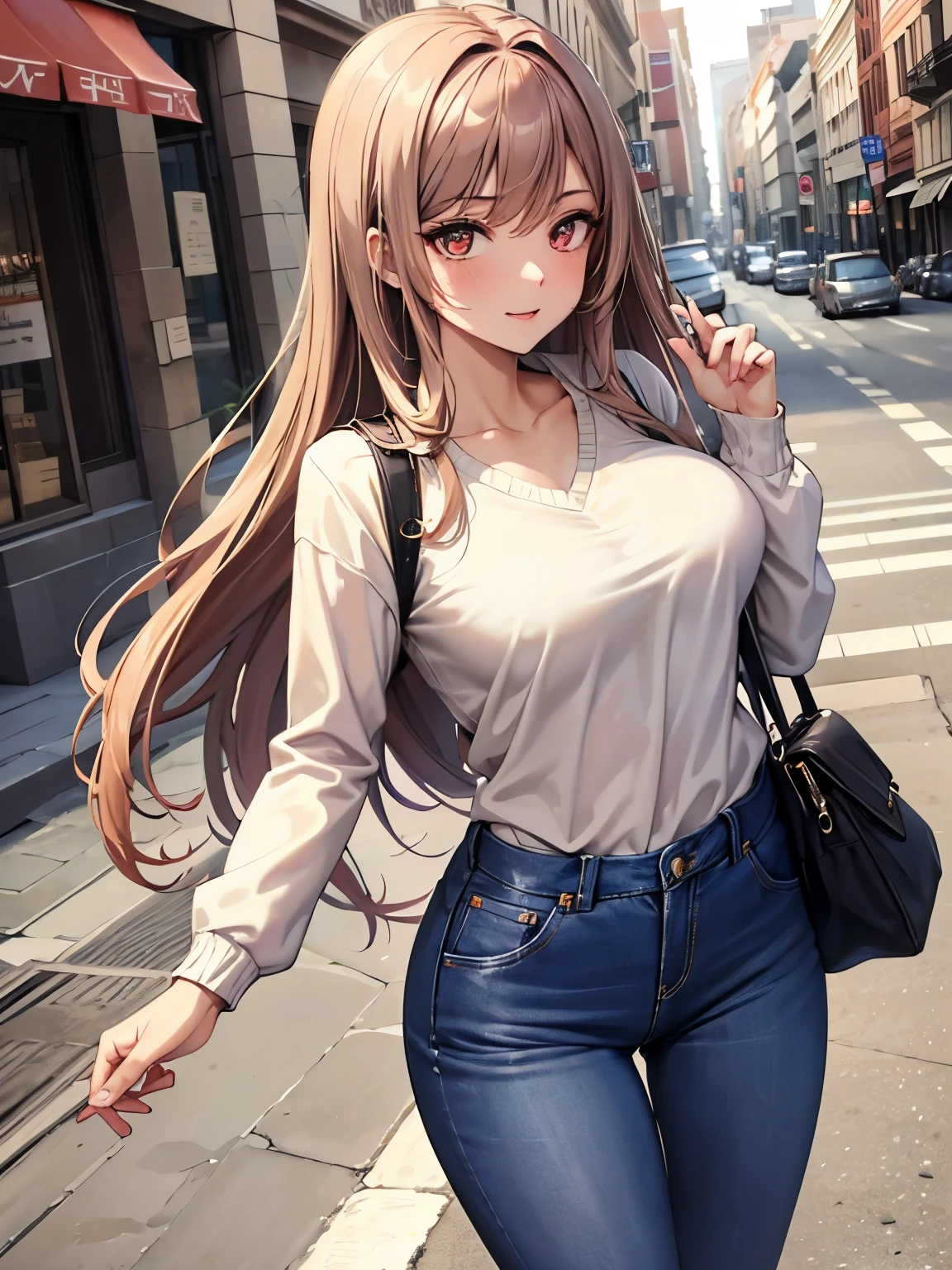 Game , goddess of victory nikke, Rapi , light brown hair,  alluring eyes ,beautiful face , crystal red eyes ,  long hair ,sweater shirt, long sleeve, v neck, cream colour shirt, trousers, jean trousers, 1 hand bag, cheerful eyes, ,g cup breast, slender waist, bewitching thighs, , five fingers each hand, two hand ,two leg , in town, date, standing, beautiful, high heels, daylight, recreation park,