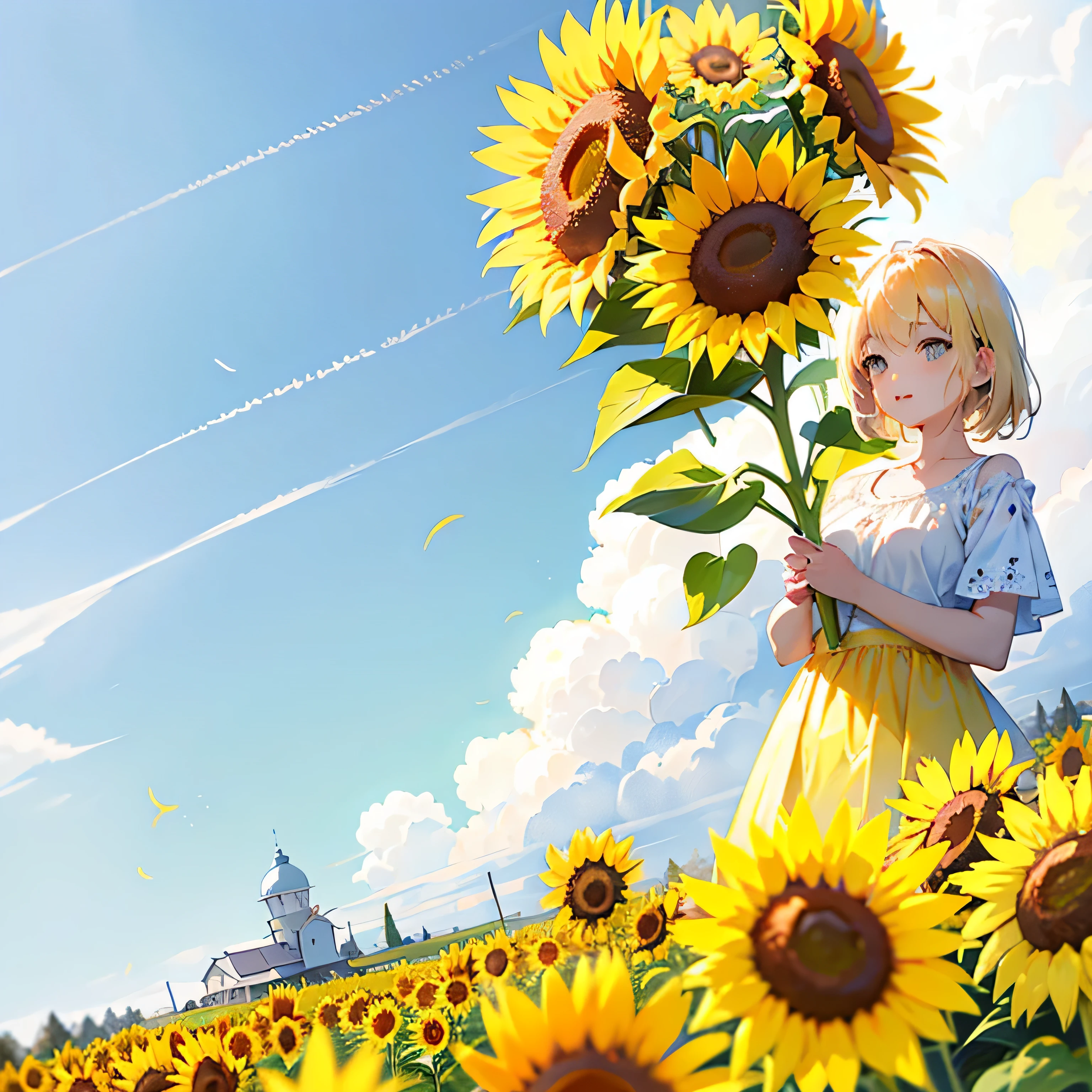 there is a girl standing in a field of sunflower, 美丽的sunflower动漫女孩, sunflower背景, Scenes : sunflower田, Scenes: sunflower田, sunflower in the background, on a sunny, sunflower, in a sunny, sunny time, illustration!, sunny time, doujinshi, bright sunny, sunny, illustration, sunflower田