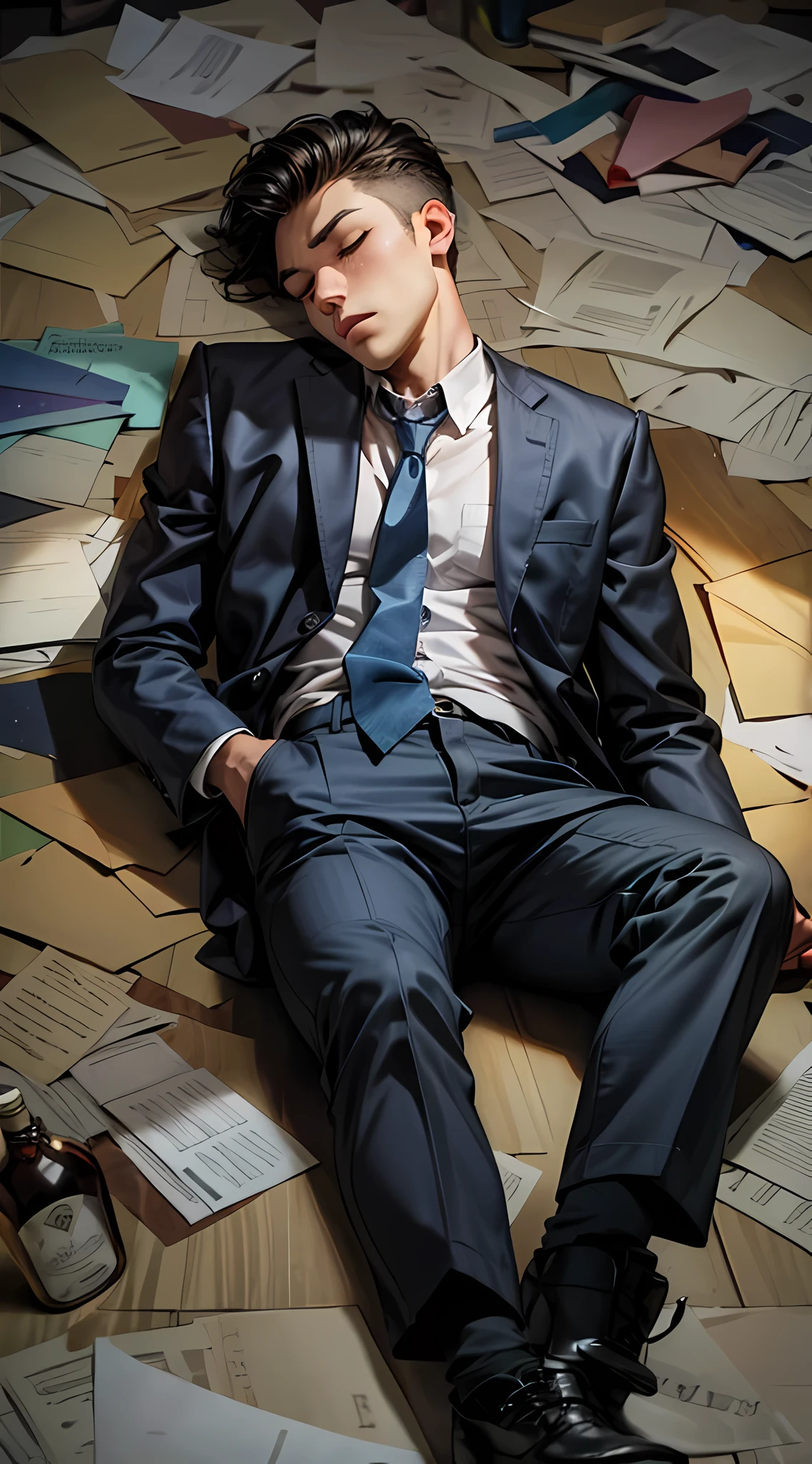 passed out on the floor with his eyes closed on the floor, surrounded by papers and a bottle.