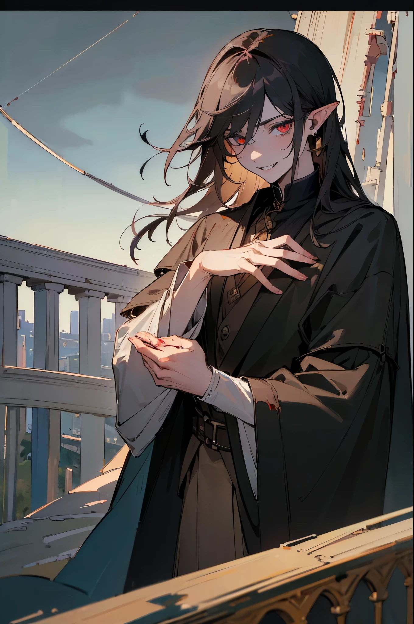 (((8k, RAW photo, best quality, Masterpiece: 1.4))), super high resolution, super detailed, illustration, close-up, handsome man, red eyes, (detailed eyes, bright eyes:1.2), medium-length black hair, elf, pale skin, ear piercings, dark, black clothes, detailed clothes, gold accessories on clothes, sly smile, sharp fangs, predatory look, (perfect fingers:1.2), bridge in the background, only environment, broken laboratory, starry sky, architecture, future, imagination, outdoor, high quality shadows, natural lighting, (white highlights:1.2), night, dark sky, (blood on clothes:1.2)