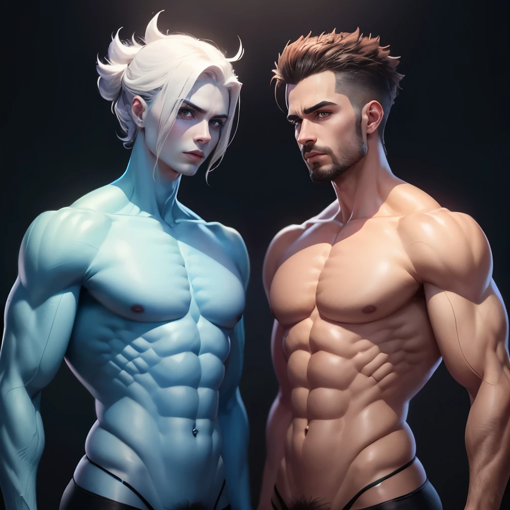 2 caras lindos, Sem camisa, corpo definido, cores vibrantes, namorados, 8k, ultra realistic, lindo  