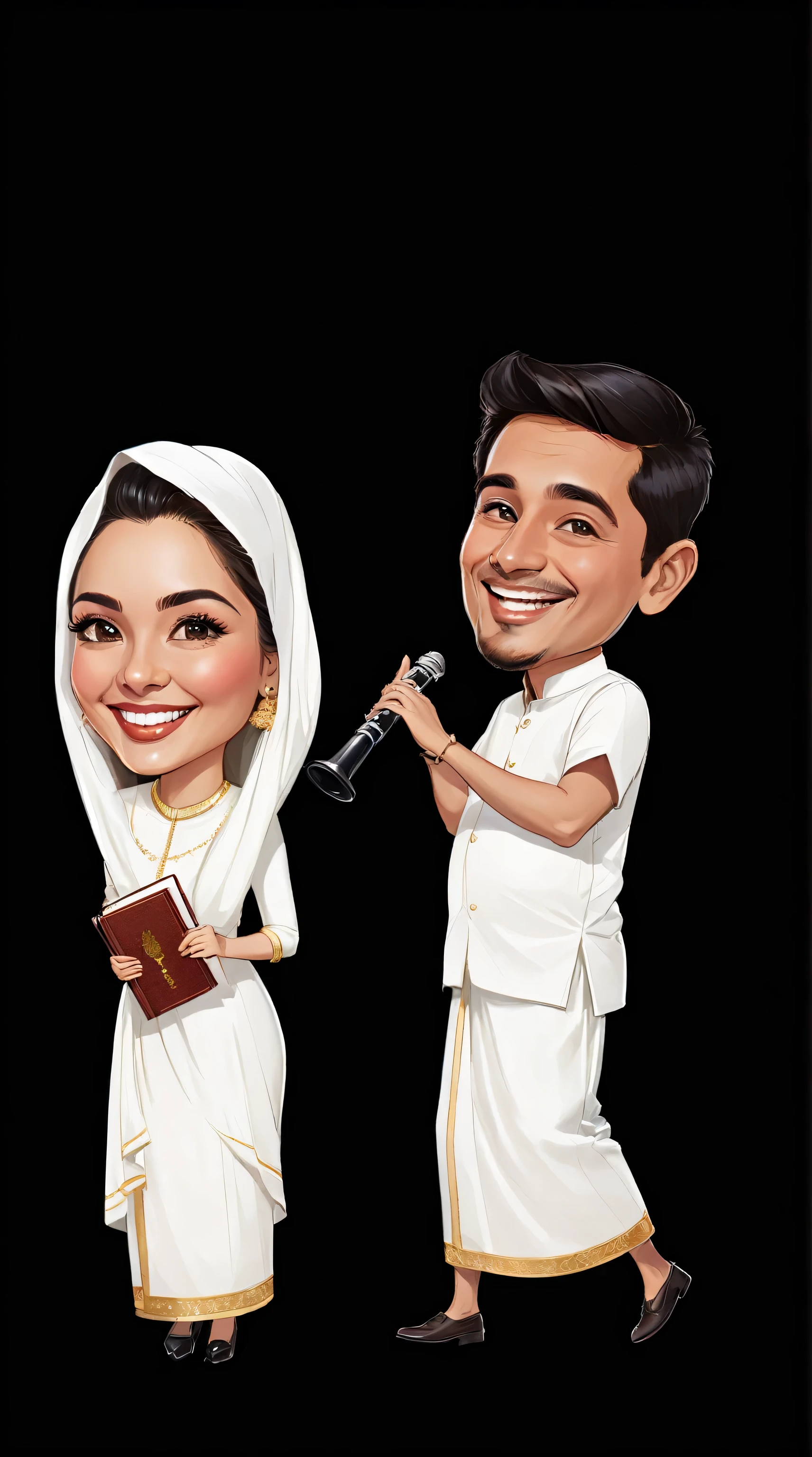 Create a detailed caricature illustration of a happy couple standing next to each other in traditional attire. The man should be depicted joyfully playing a clarinet, while the woman stands gracefully holding a Holy Bible. The caricature style should be in cartoon style, with high detail to capture the ethnic traditional clothing and features of the couple. The illustration should portray the couple in a close portrait, with elegant smiling poses and a loving gaze towards each other. The focus should be on creating a lovely and charming caricature of the couple in their traditional attire, exuding warmth and joy. The use of natural lighting adds depth and character, creating a visually engaging composition capturing the essence of celebration and tradition.