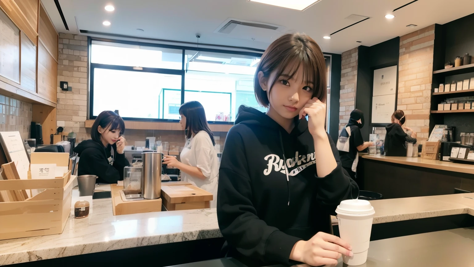 (8K, Raw photo, highest quality, masterpiece:1.2), (realistic, photo-realistic:1.4), (Highly detailed 8K wallpaper), perfect female body, famous japanese idol, 20 year old girl,  japanese model, medium short hair, messy hair, light brown hair, hoodie,Starbucks, I can see other customers enjoying themselves too..。At the back of the cafe、Staff are busy working at the counter。